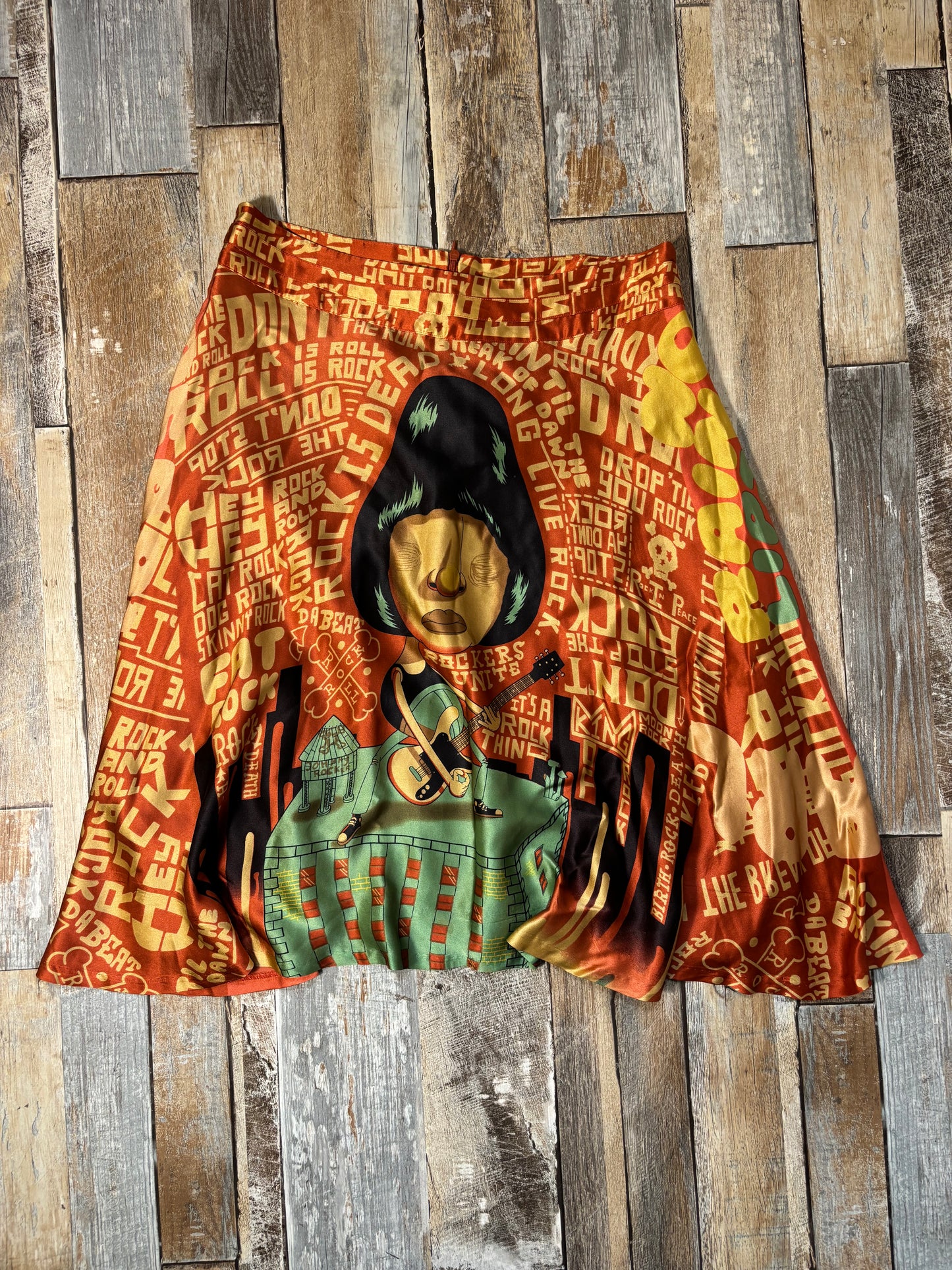 Custo Barcelona silk midi skirt orange graphic print size 10
