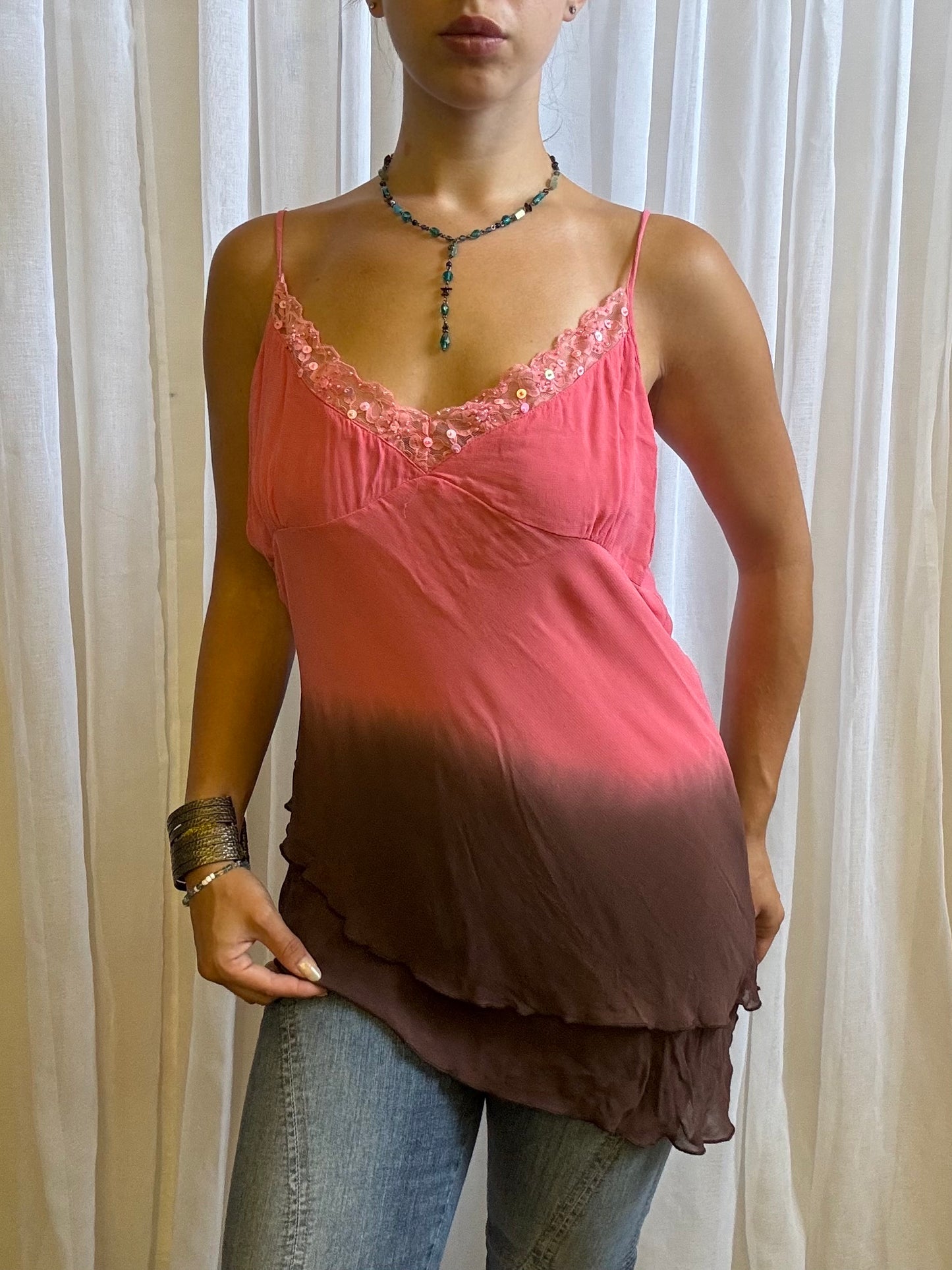 asymmetric hem cami pink brown layered sequin neckline size 14