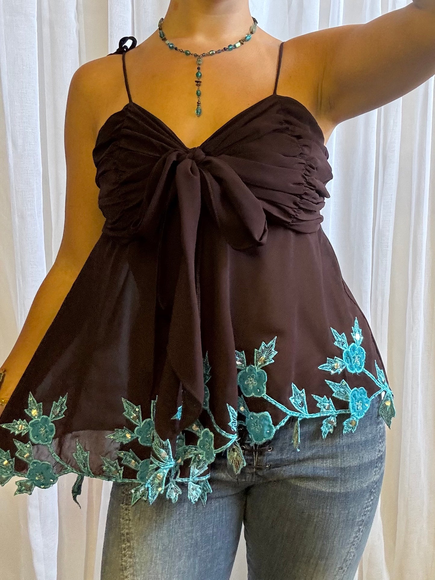 Lipsy cami top brown blue asymmetric hem beaded M / L