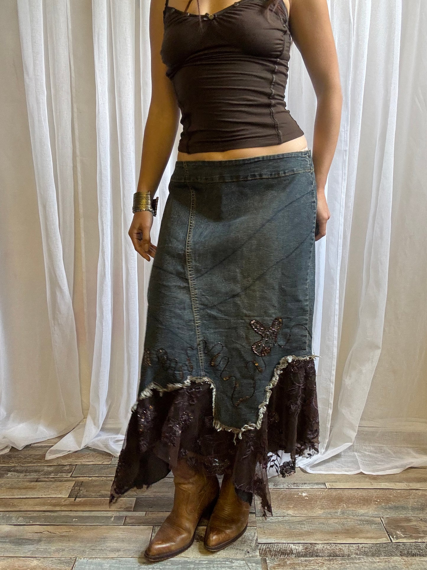 denim maxi skirt brown lace fairy hem size 14