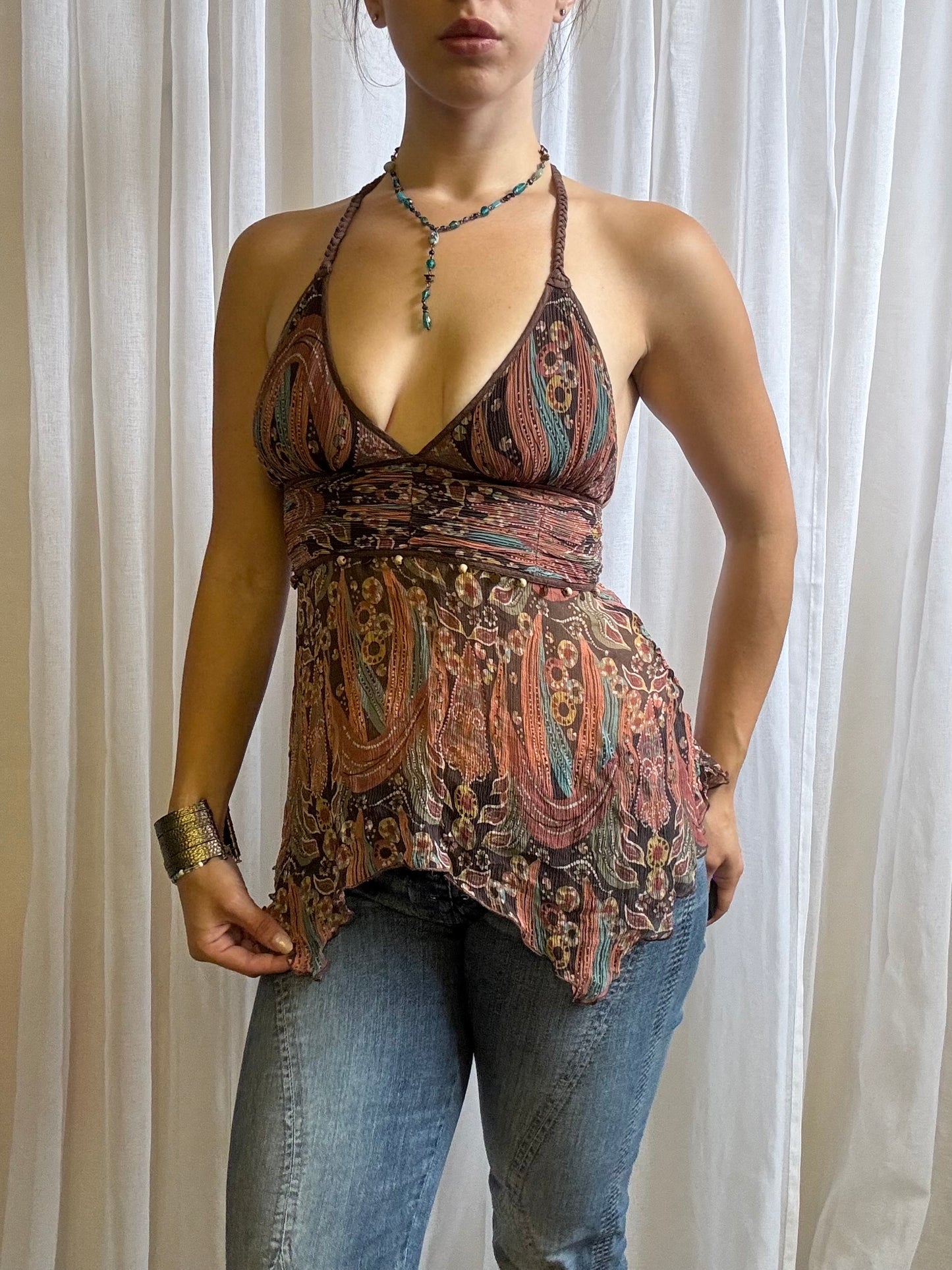 silk cami top brown beaded size XS