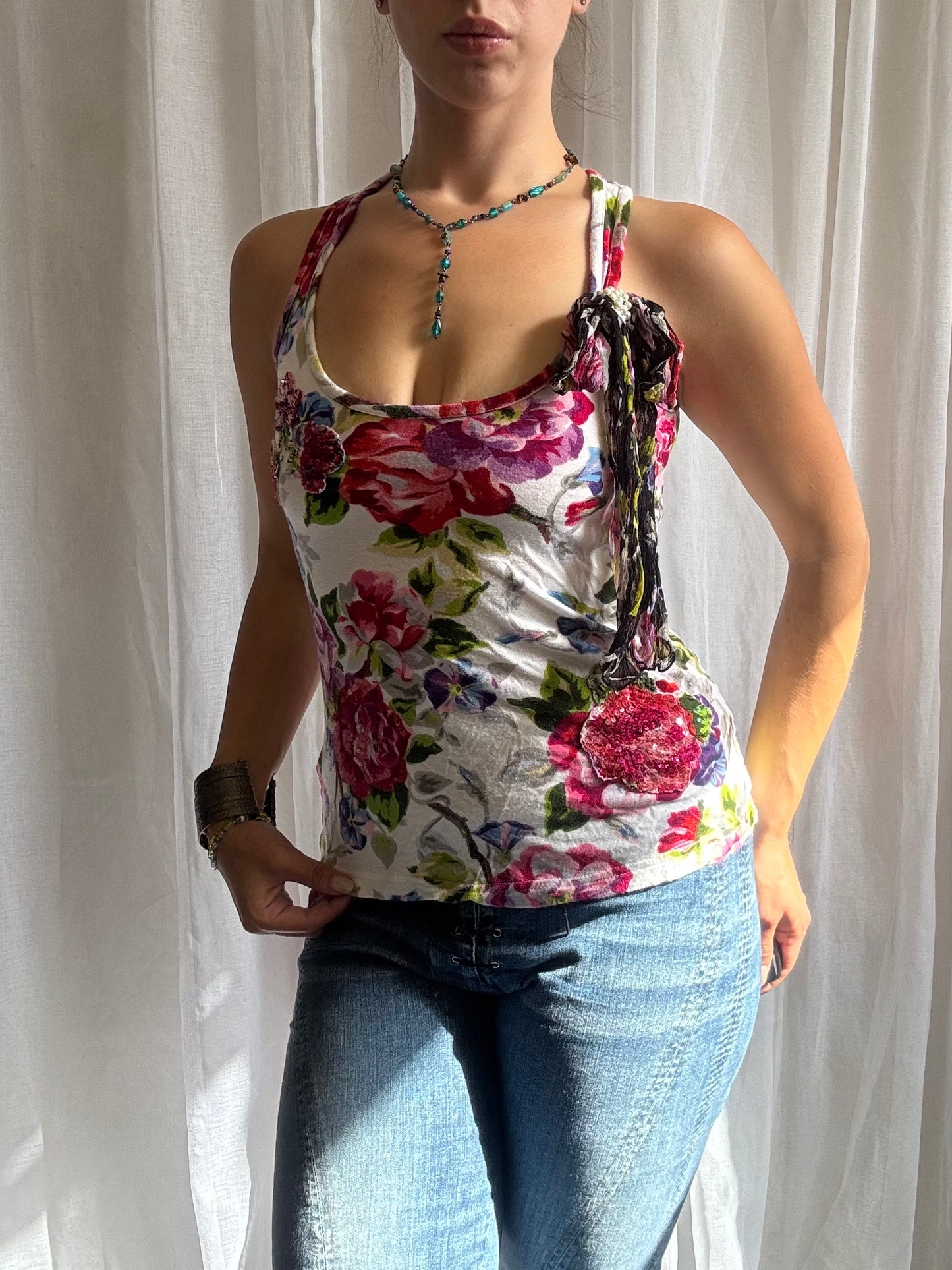 Derhy cami top white pink floral sequin detailing size S