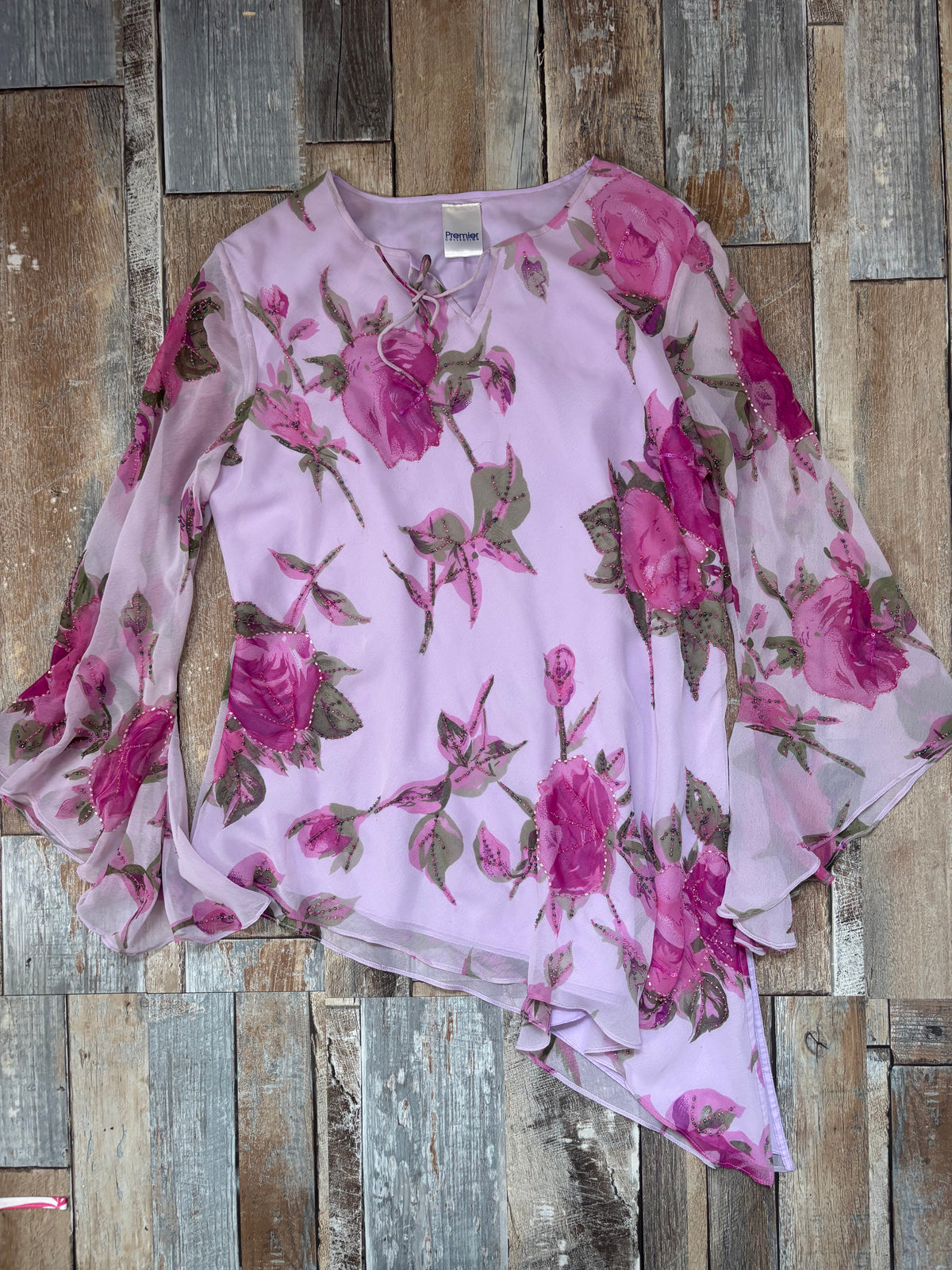 floaty long sleeve beaded top pink asymmetric hem size 12