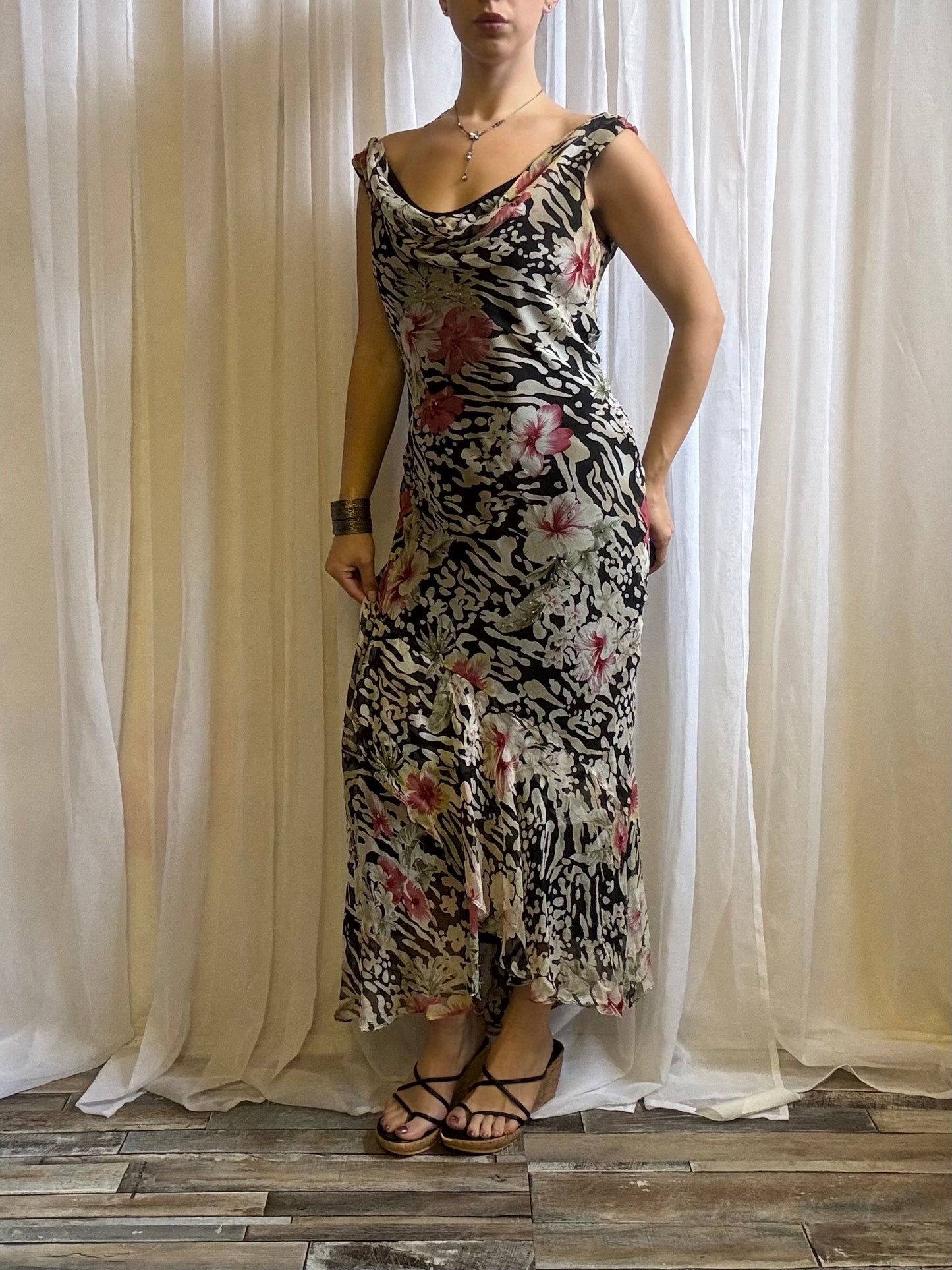 Ice silk cowl neck dress midi black floral