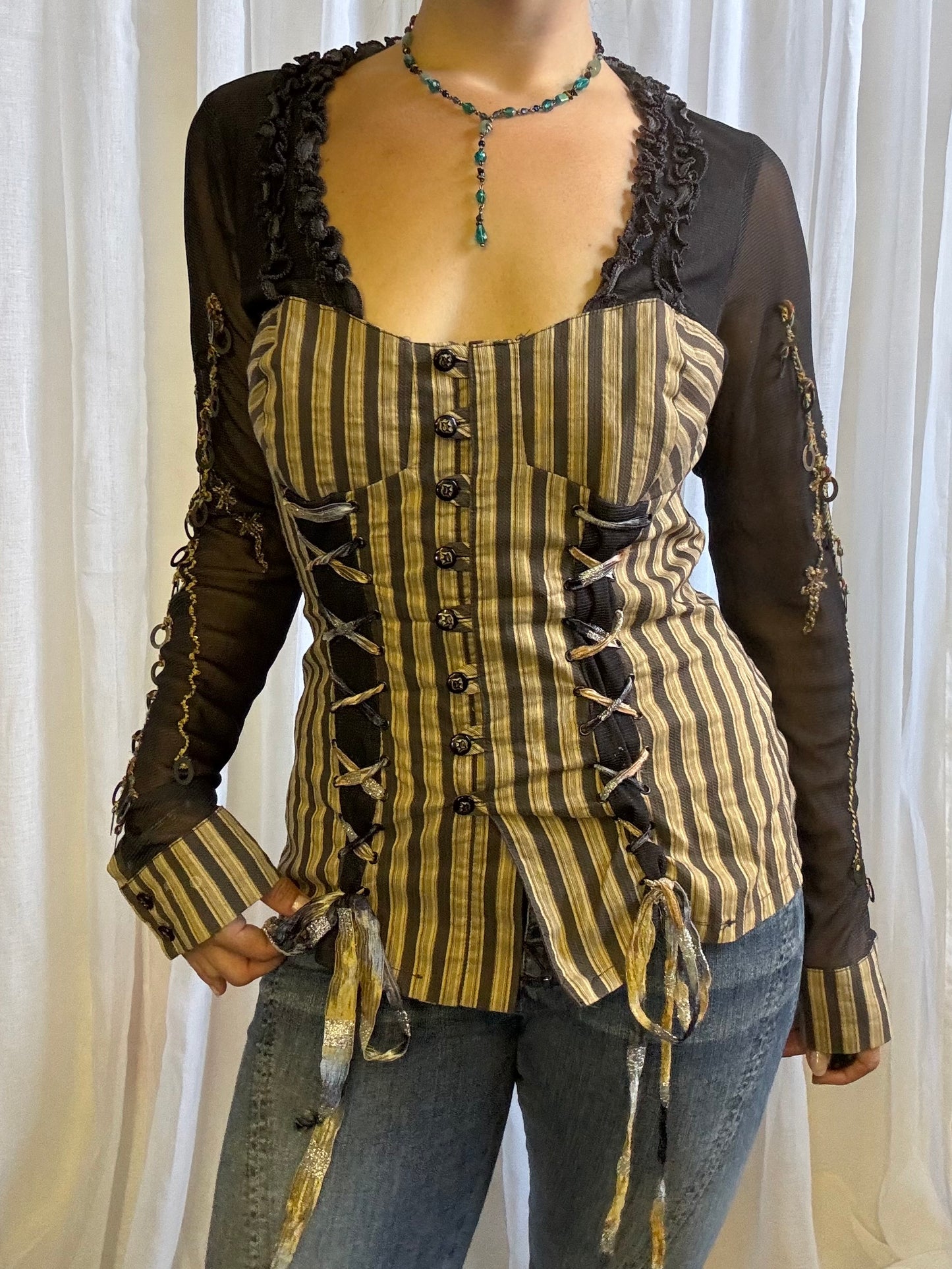 Save the Queen long sleeve shirt corset cream black size XL