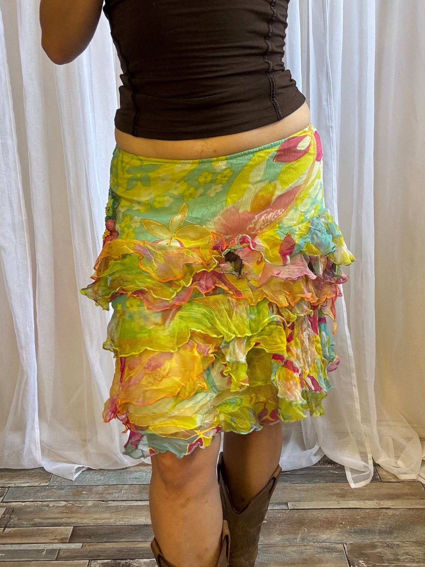 NEW Derhy midi skirt green floral tiered size S