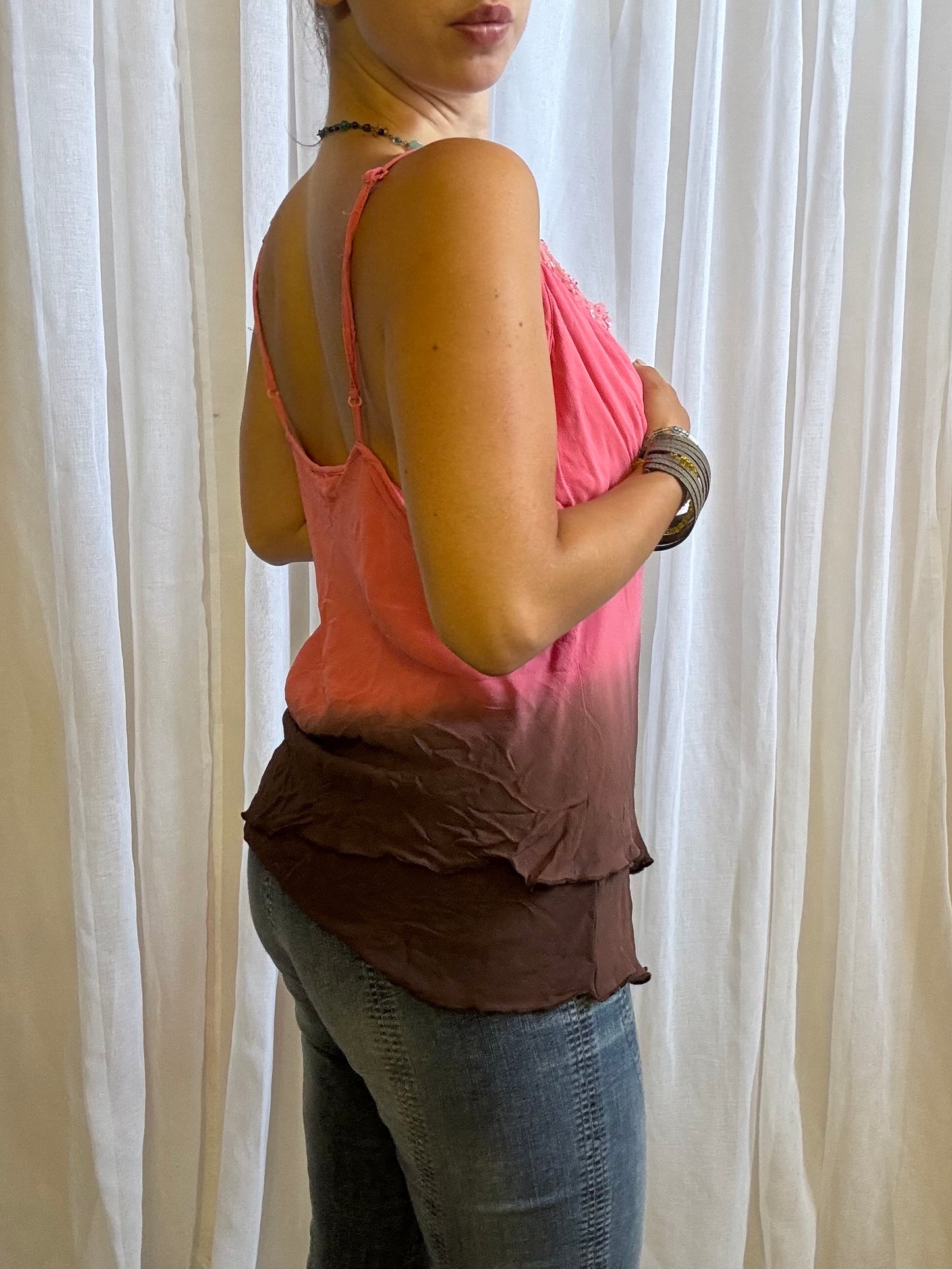 asymmetric hem cami pink brown layered sequin neckline size 14