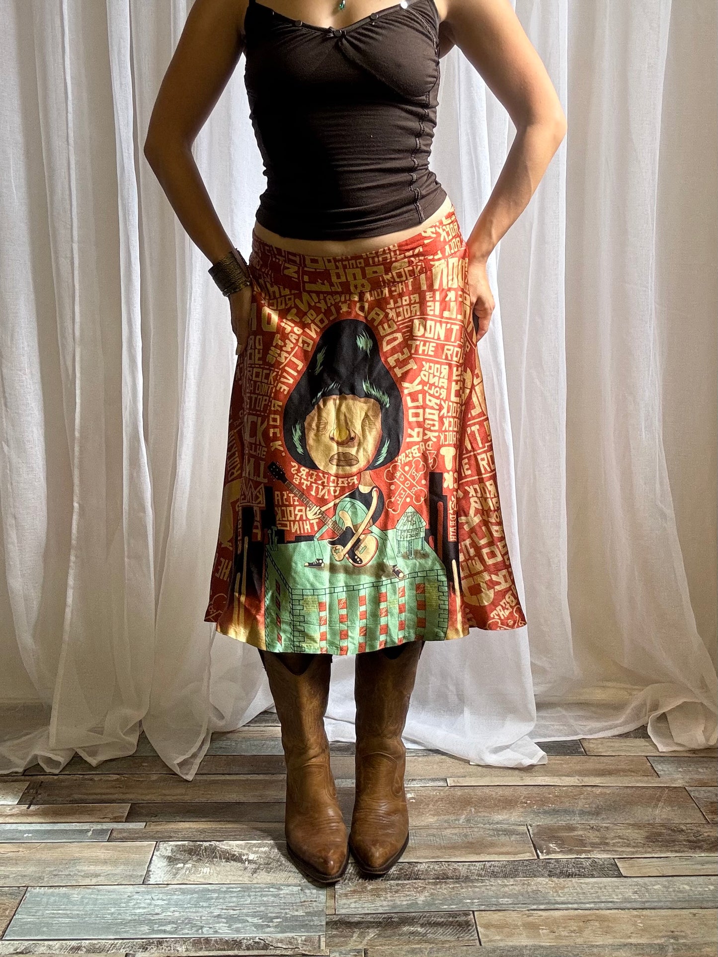 Custo Barcelona silk midi skirt orange graphic print size 10