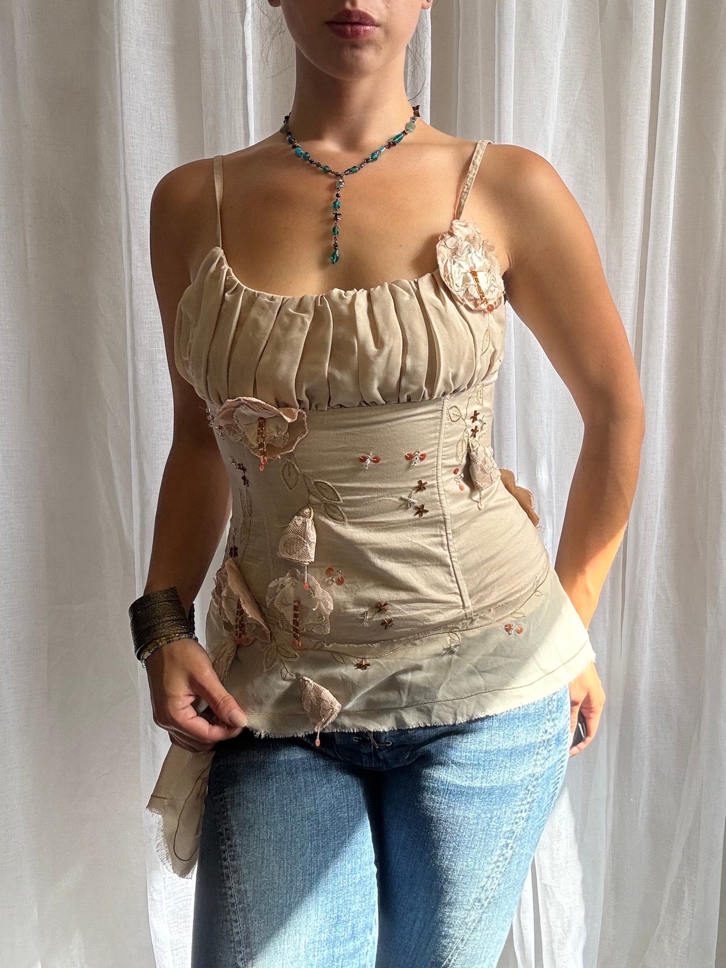 cream corset cami top floral appliqué ruched bust size 10 - 12