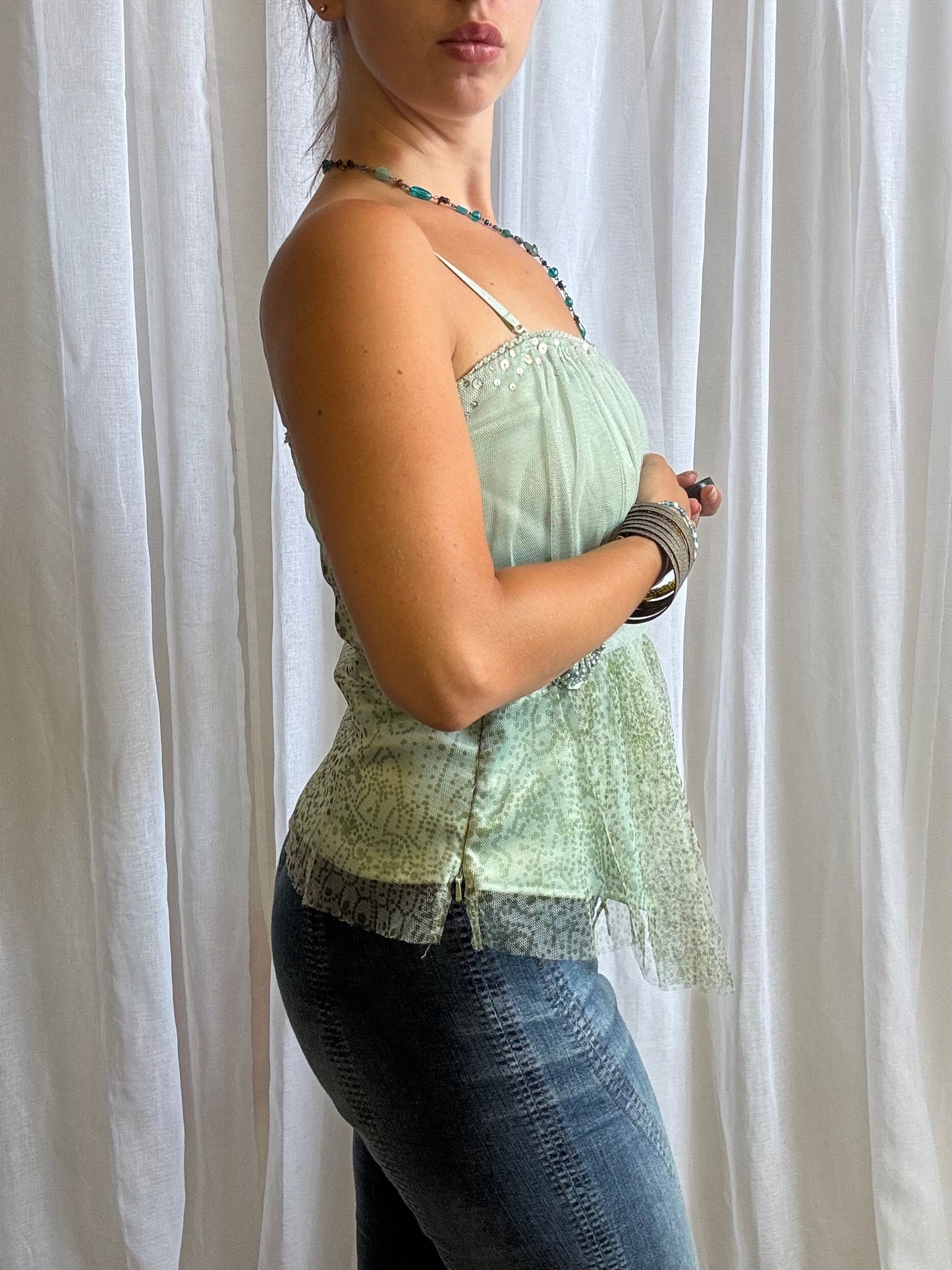 corset cami top green mesh overlay Vila size M