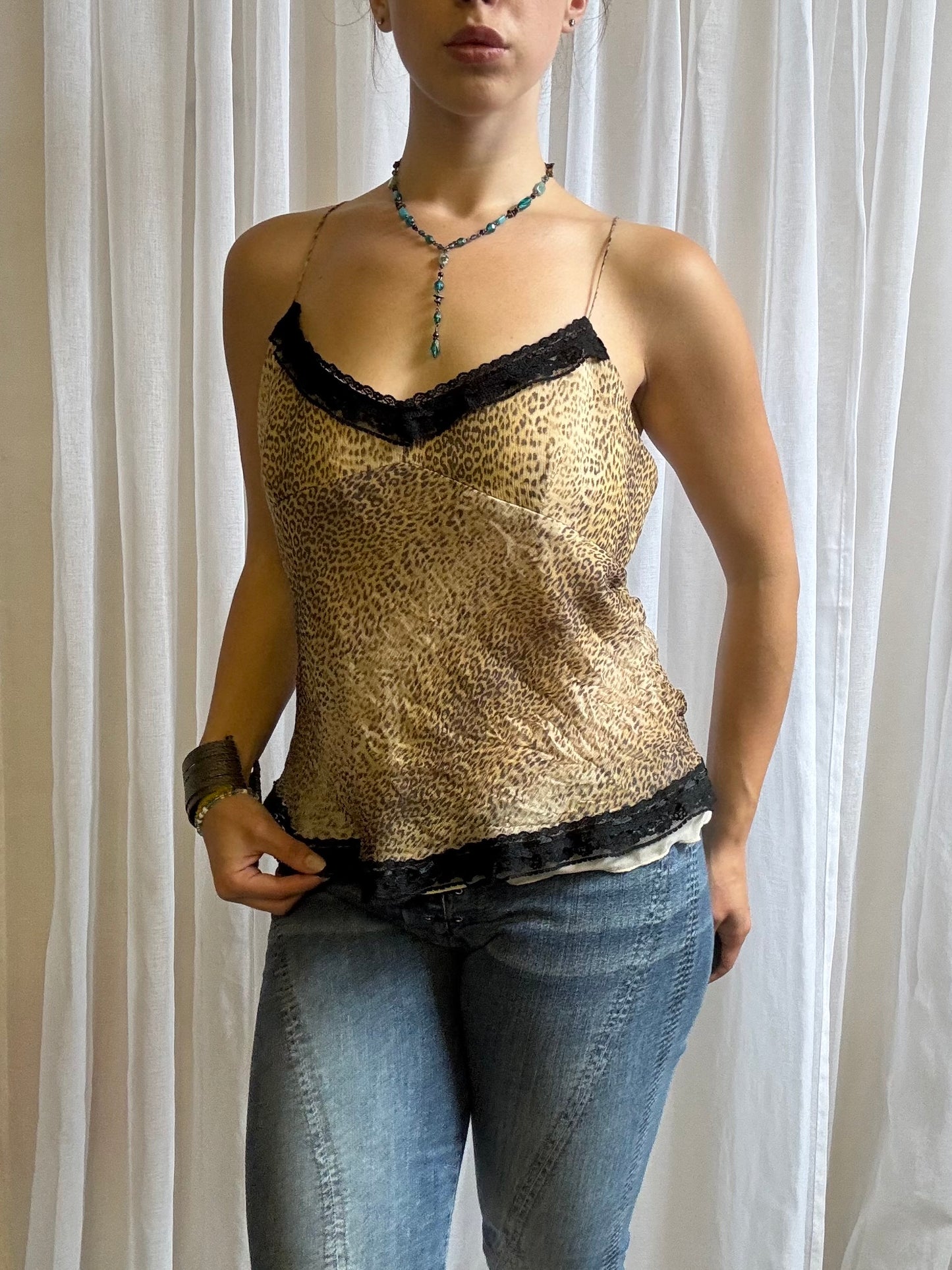 silk cami top animal print cream size L