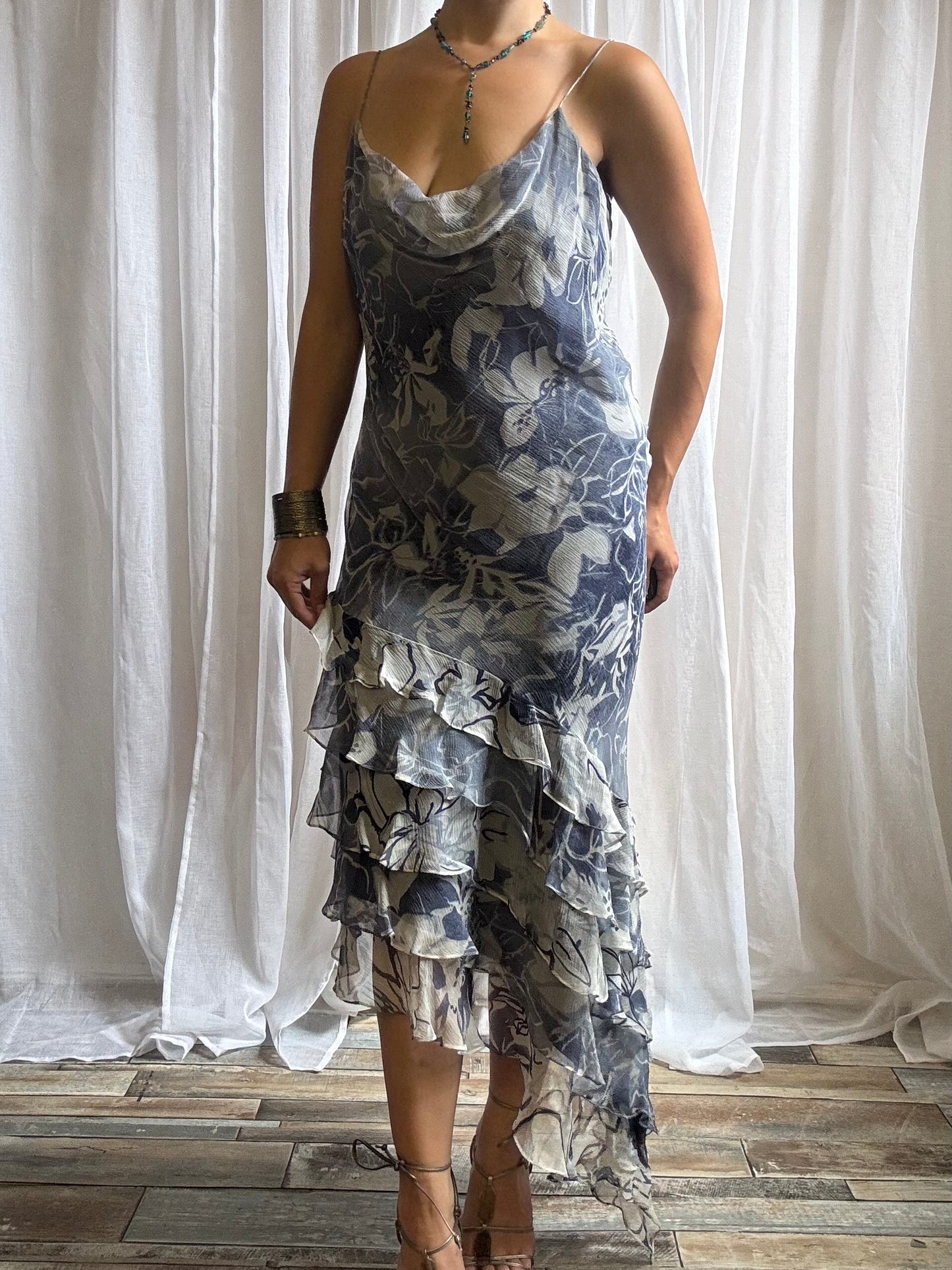 silk midi dress blue white floral cowl neckline asymmetric hem size 12