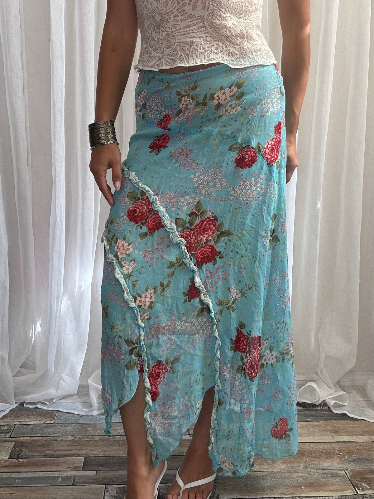 midi skirt blue asymmetrical hem floral ruffle size S