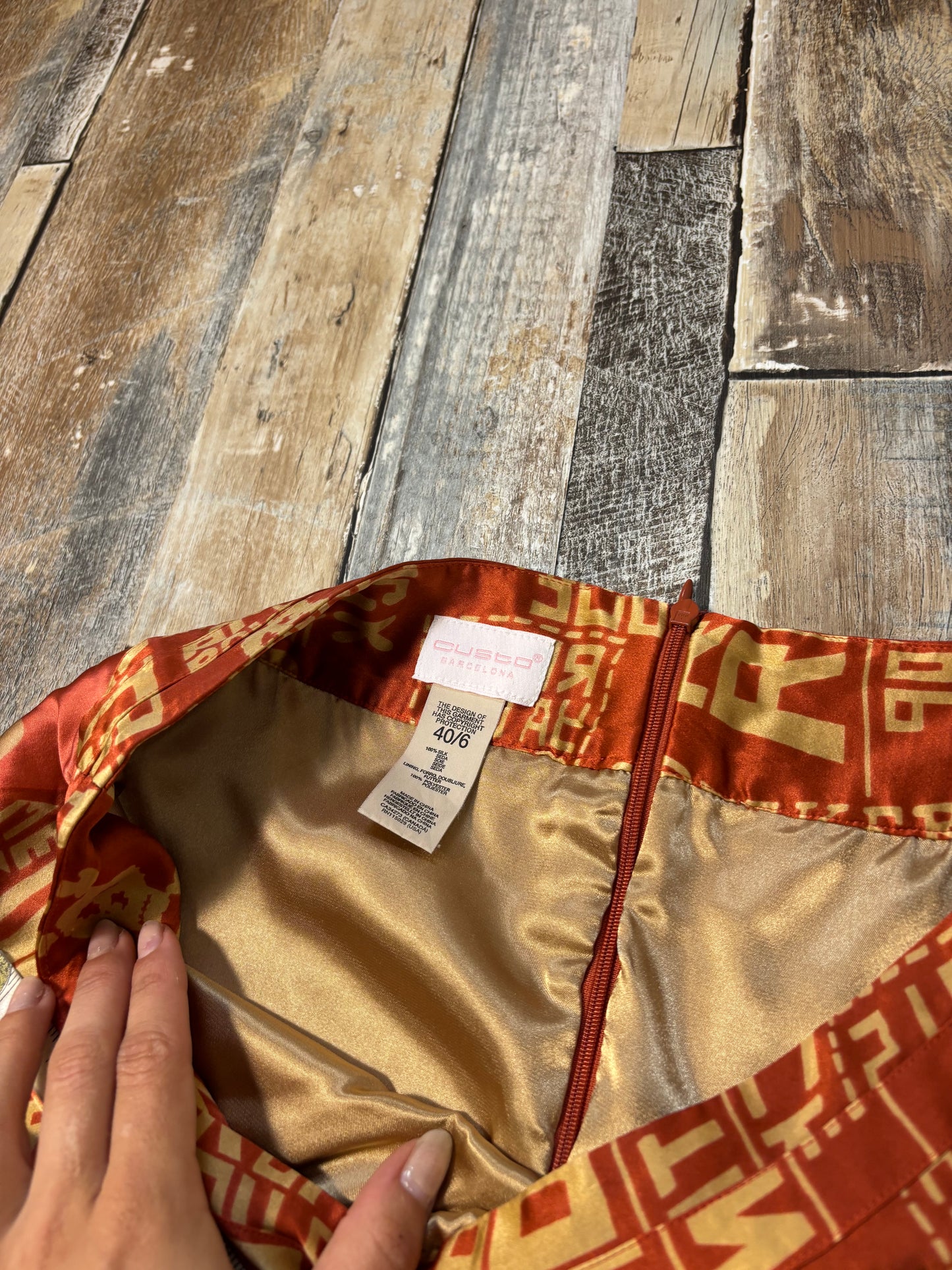 Custo Barcelona silk midi skirt orange graphic print size 10