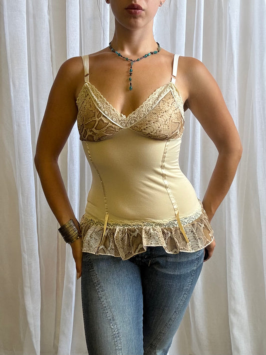 Italian cami top cream snake print frill hem