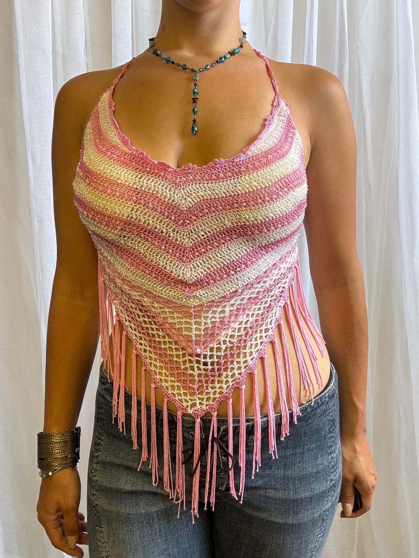 backless halter top sequin pink white size S - M