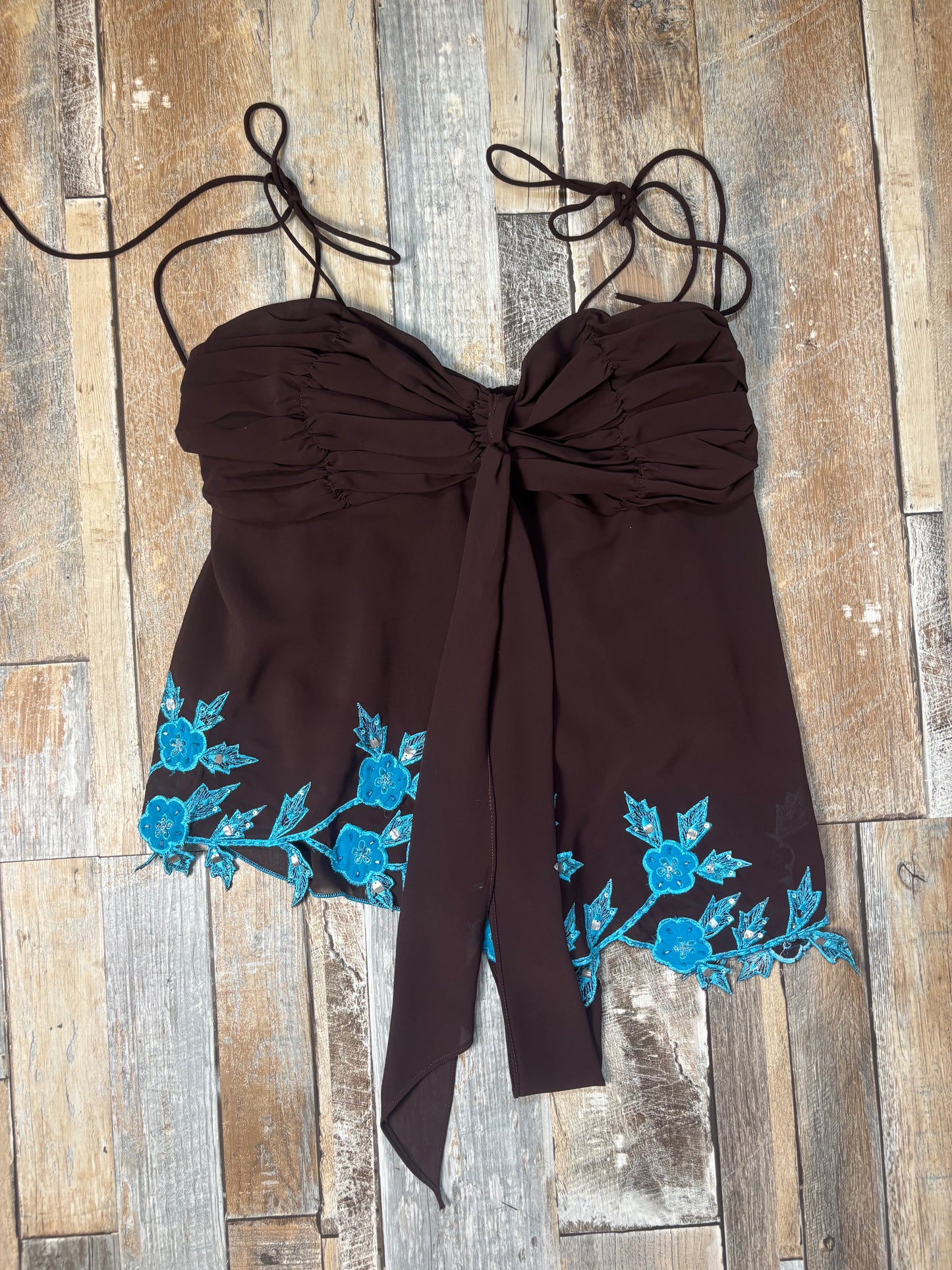 Lipsy cami top brown blue asymmetric hem beaded M / L