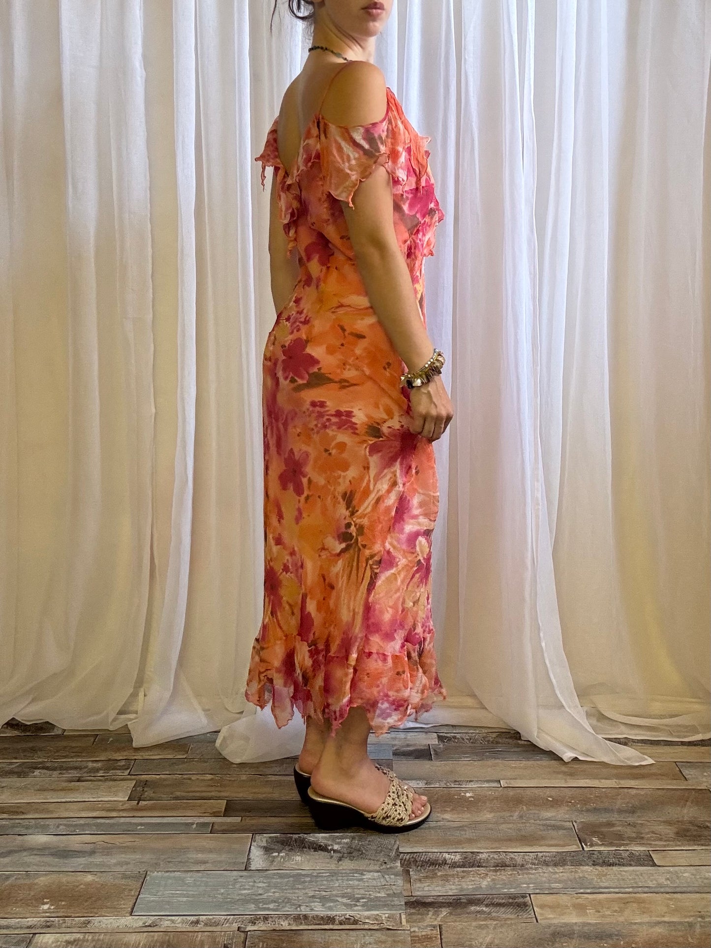 silk midi dress floral orange pink with scarf off shoulder size 12