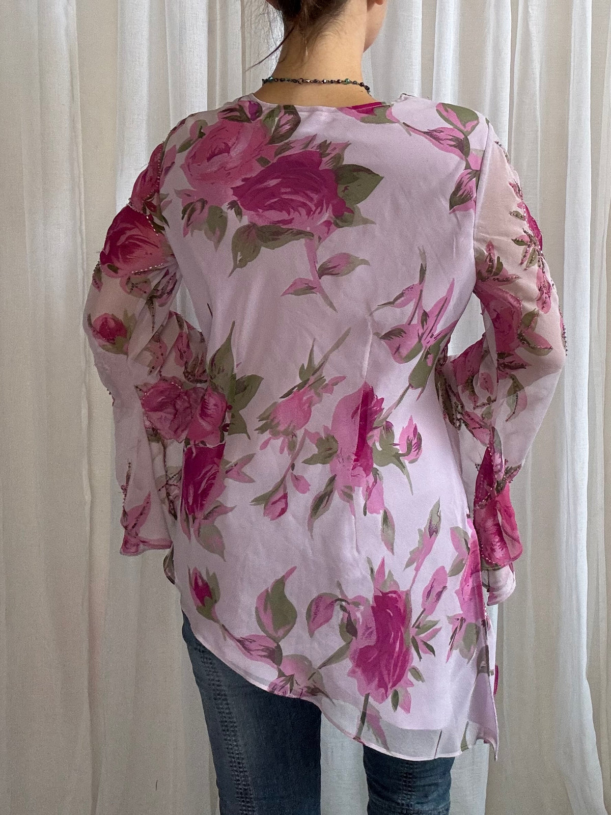 floaty long sleeve beaded top pink asymmetric hem size 12