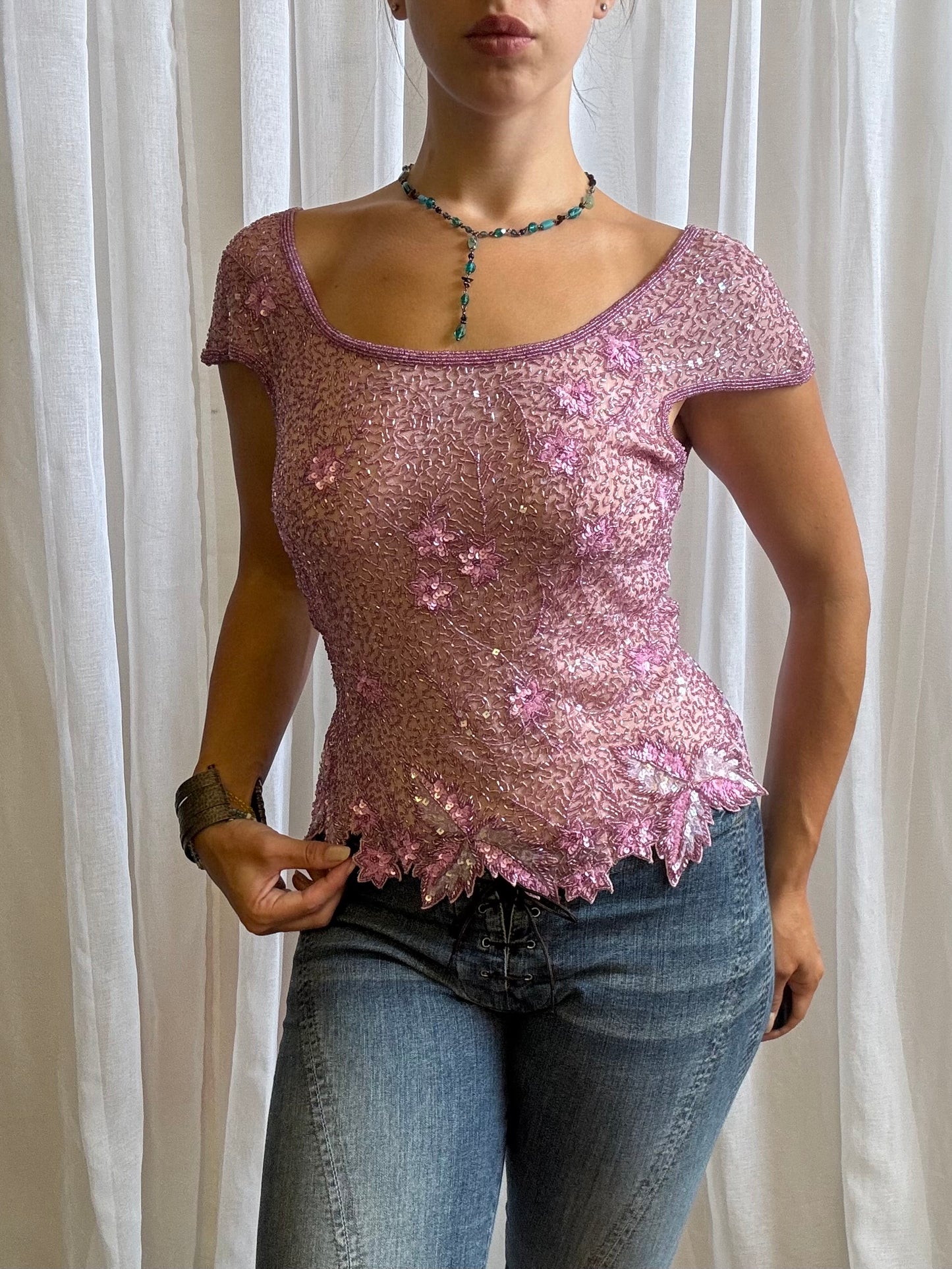 Aftershock silk top pink fully beaded short sleeve size M