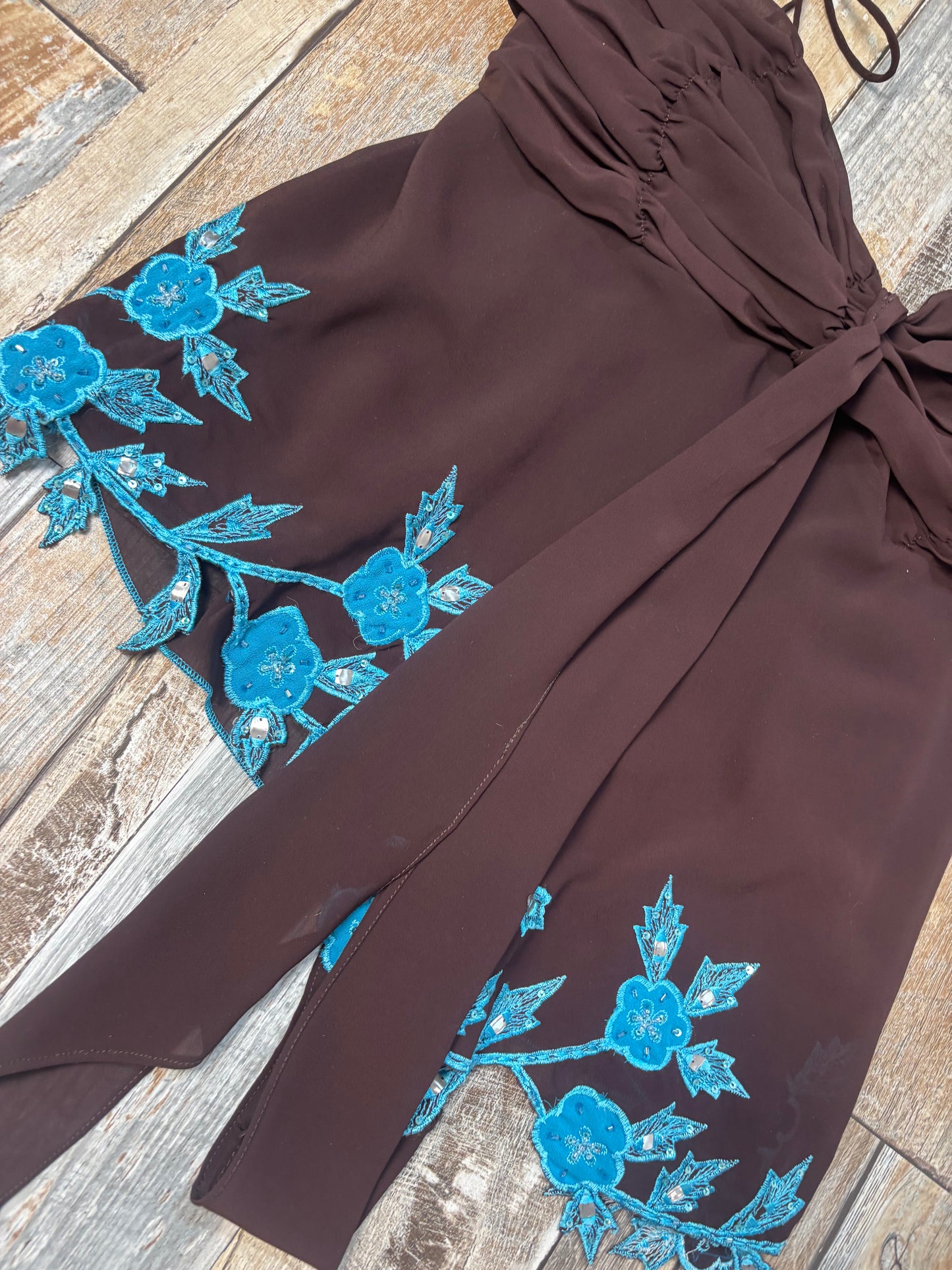 Lipsy cami top brown blue asymmetric hem beaded M / L