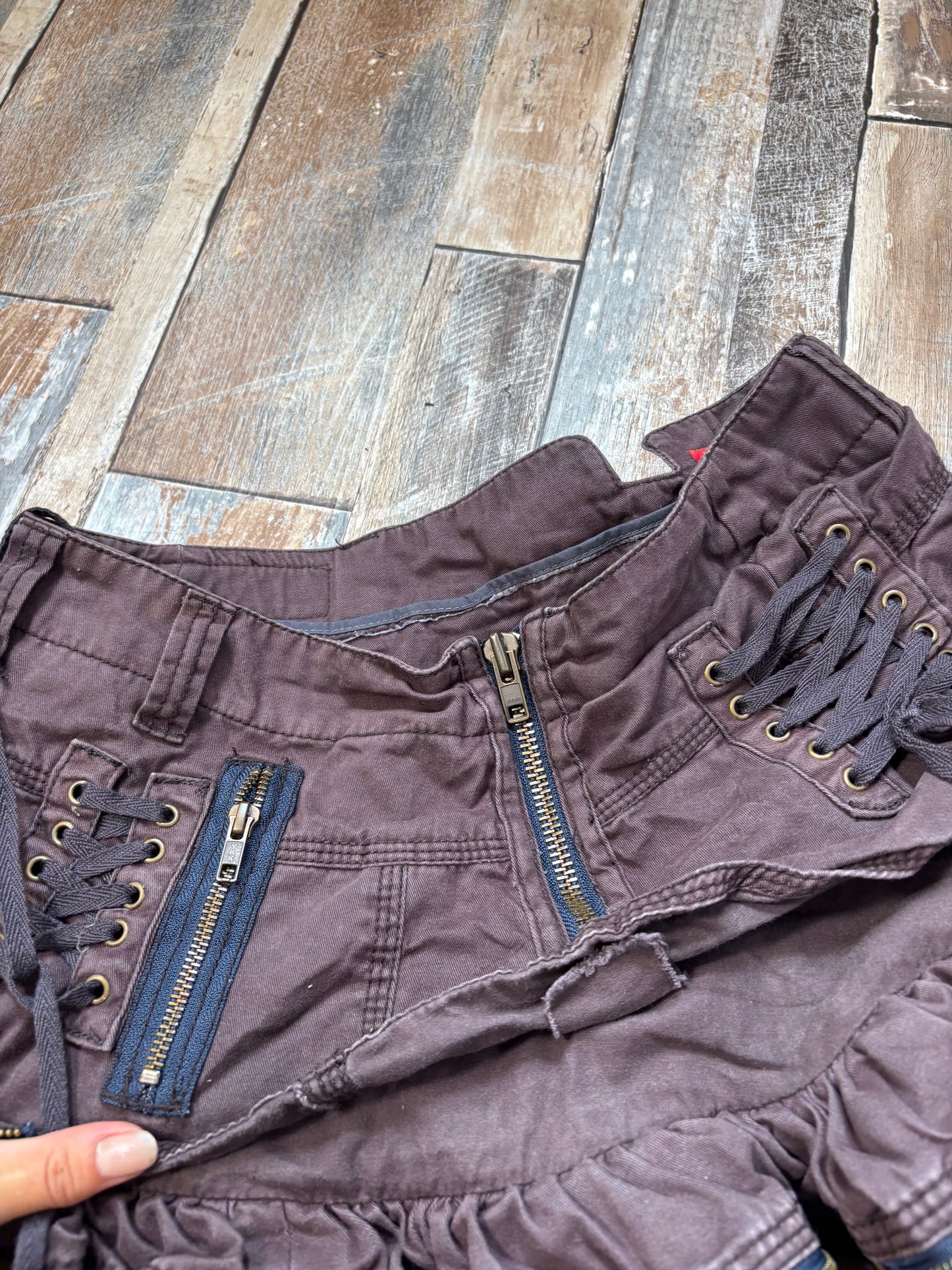 rare river island mini skirt brown ruffle hem corset lace up size 10