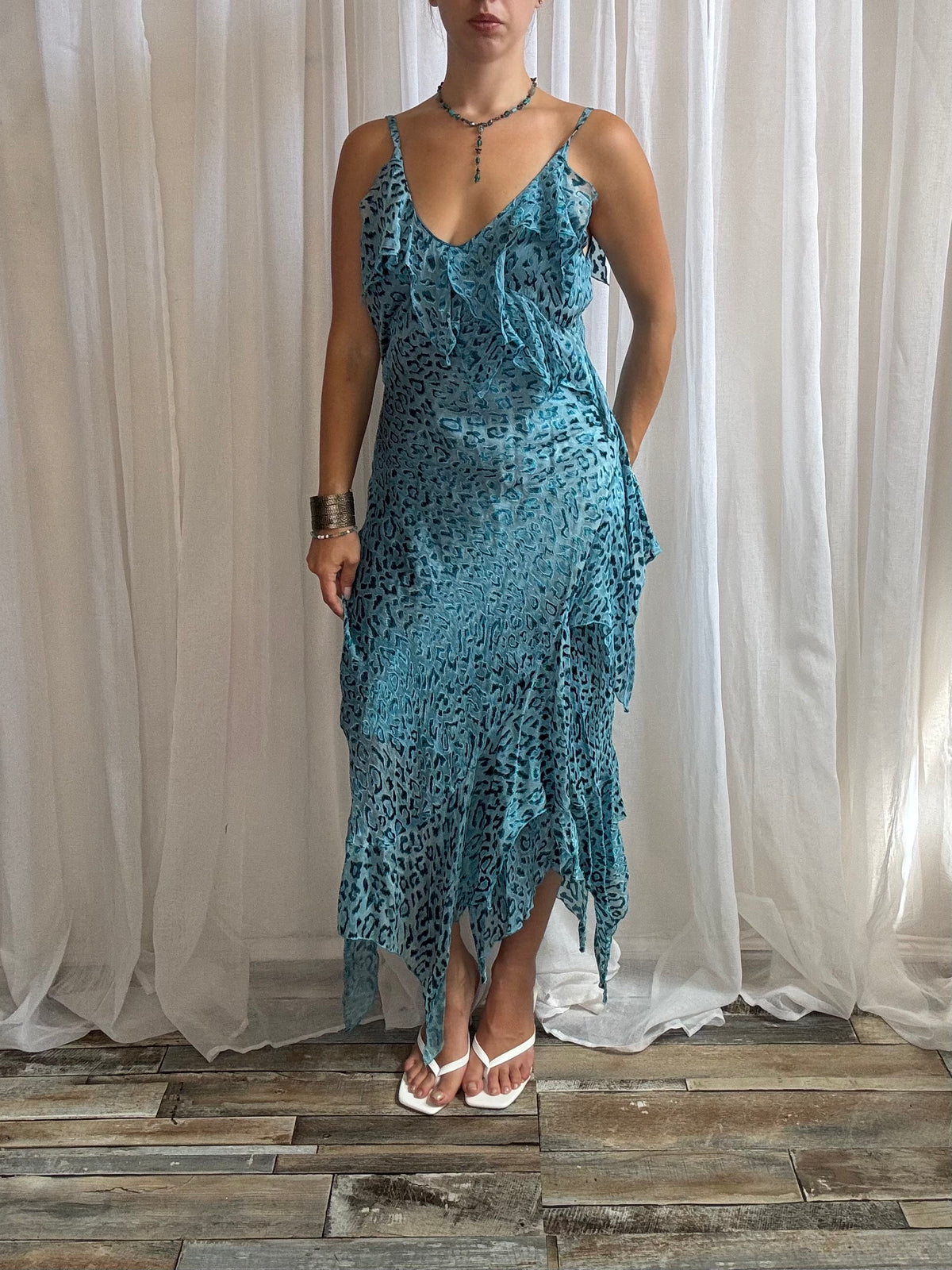 Jeff Gallano silk midi dress blue asymmetric hem ruffle animal print size 12
