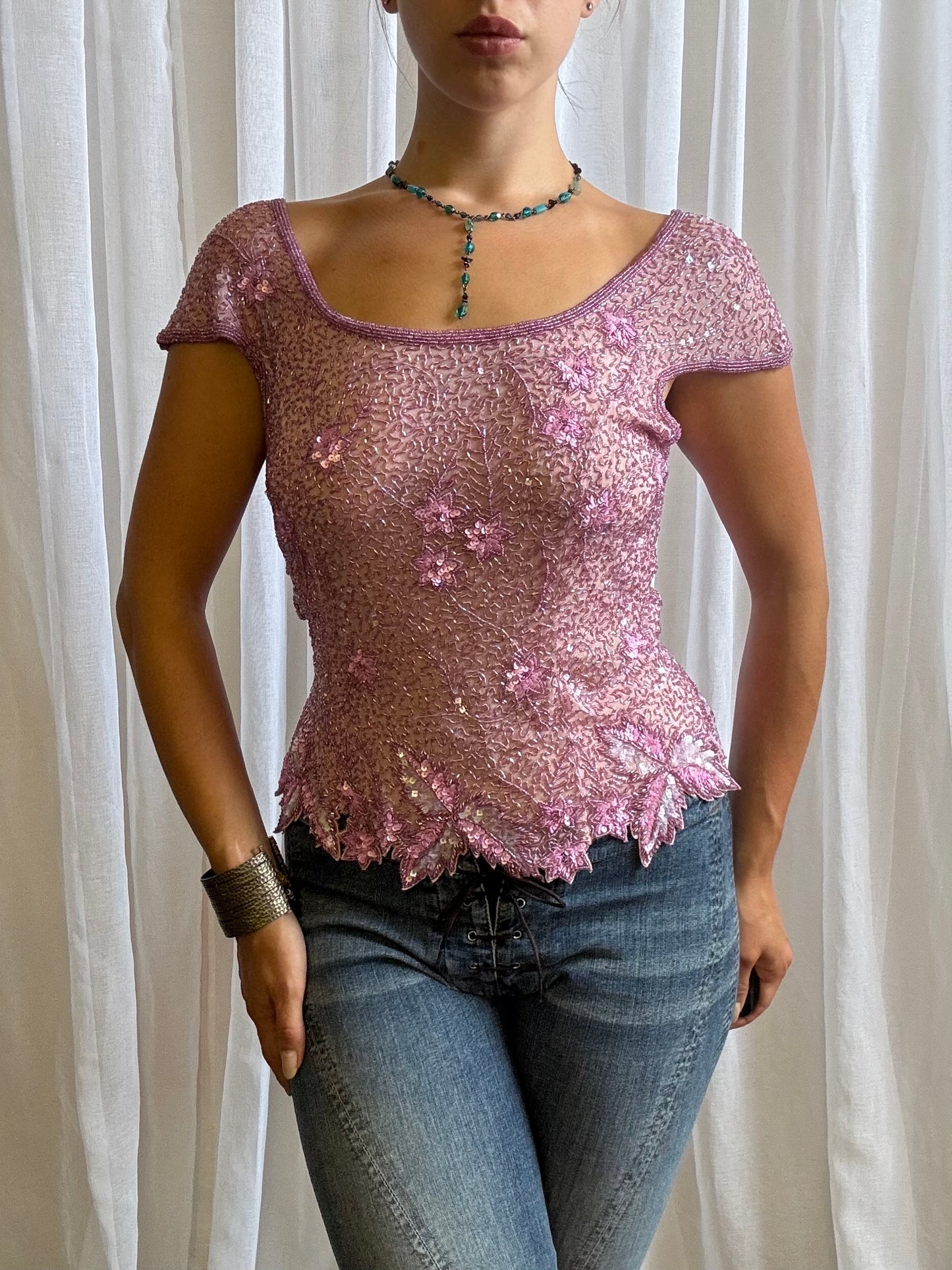 Aftershock silk top pink fully beaded short sleeve size M