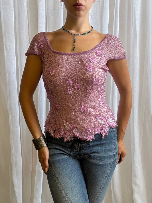 Aftershock silk top pink fully beaded short sleeve size M