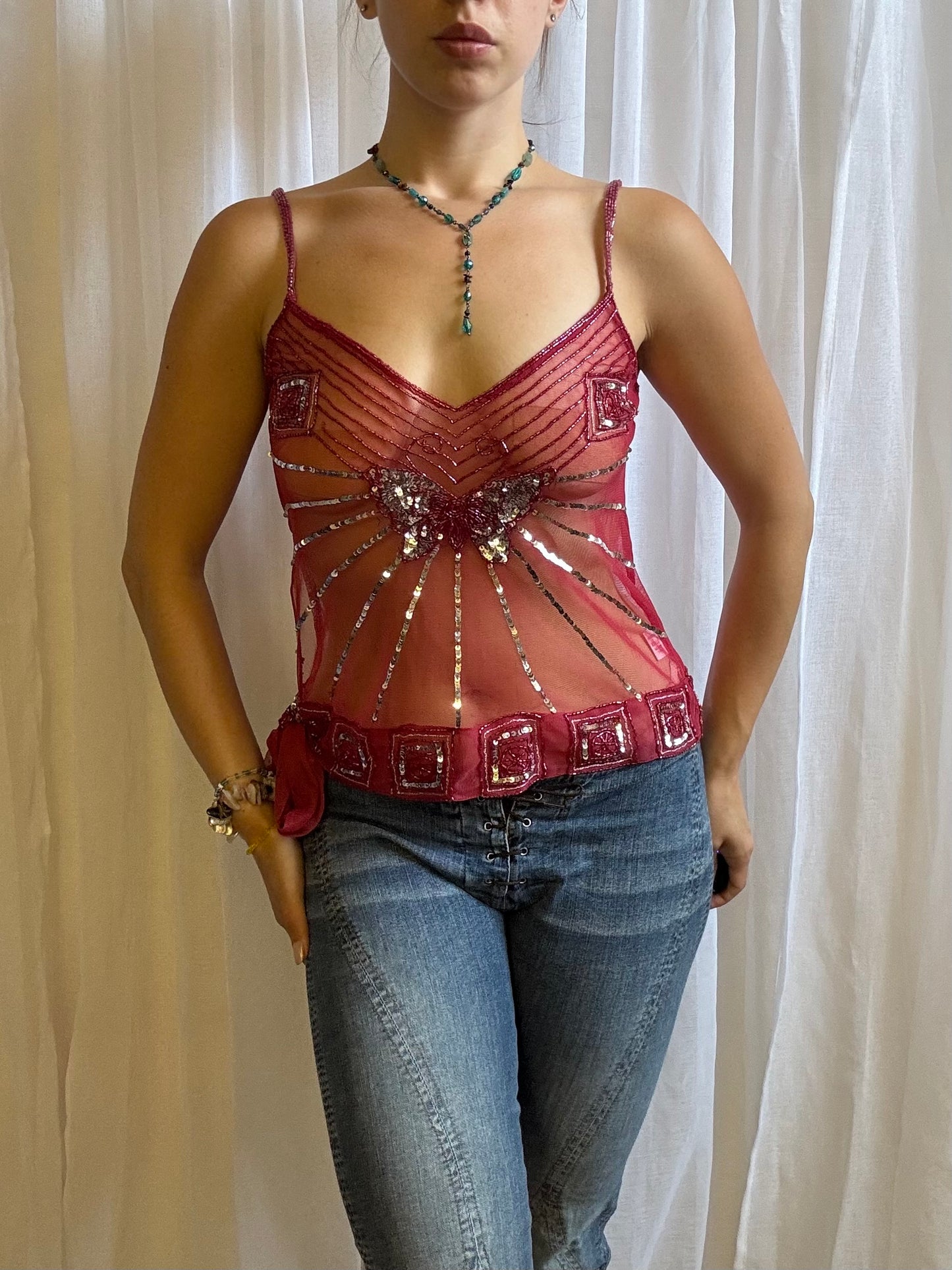 sheer butterfly sequin cami top pink size 10