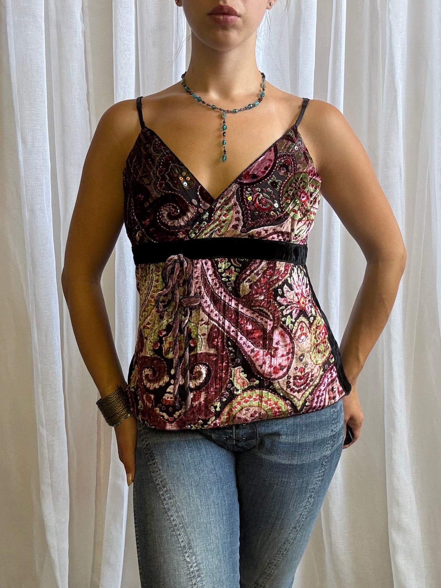 velvet cami top black pink paisley pattern size L