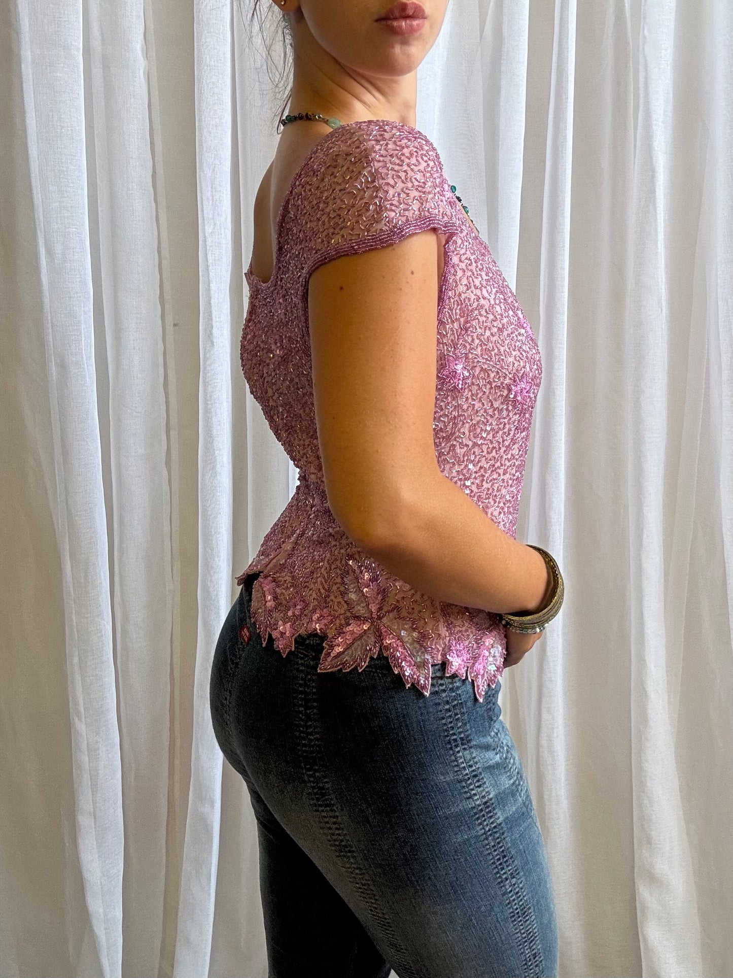 Aftershock silk top pink fully beaded short sleeve size M
