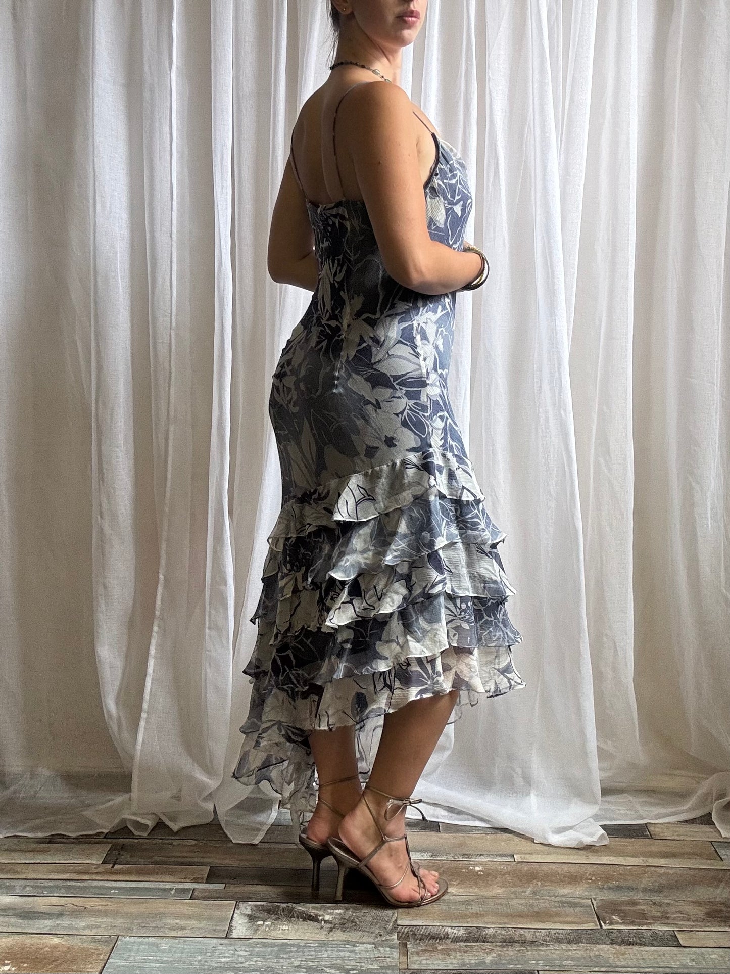 silk midi dress blue white floral cowl neckline asymmetric hem size 12