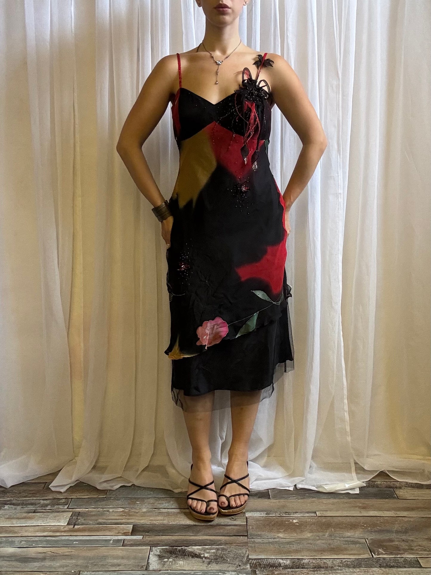 Emma Somerset silk midi dress red black beaded