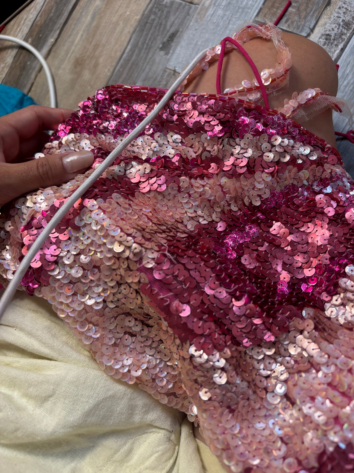 pink sequin covered cami backless asymmetric hem 12-14