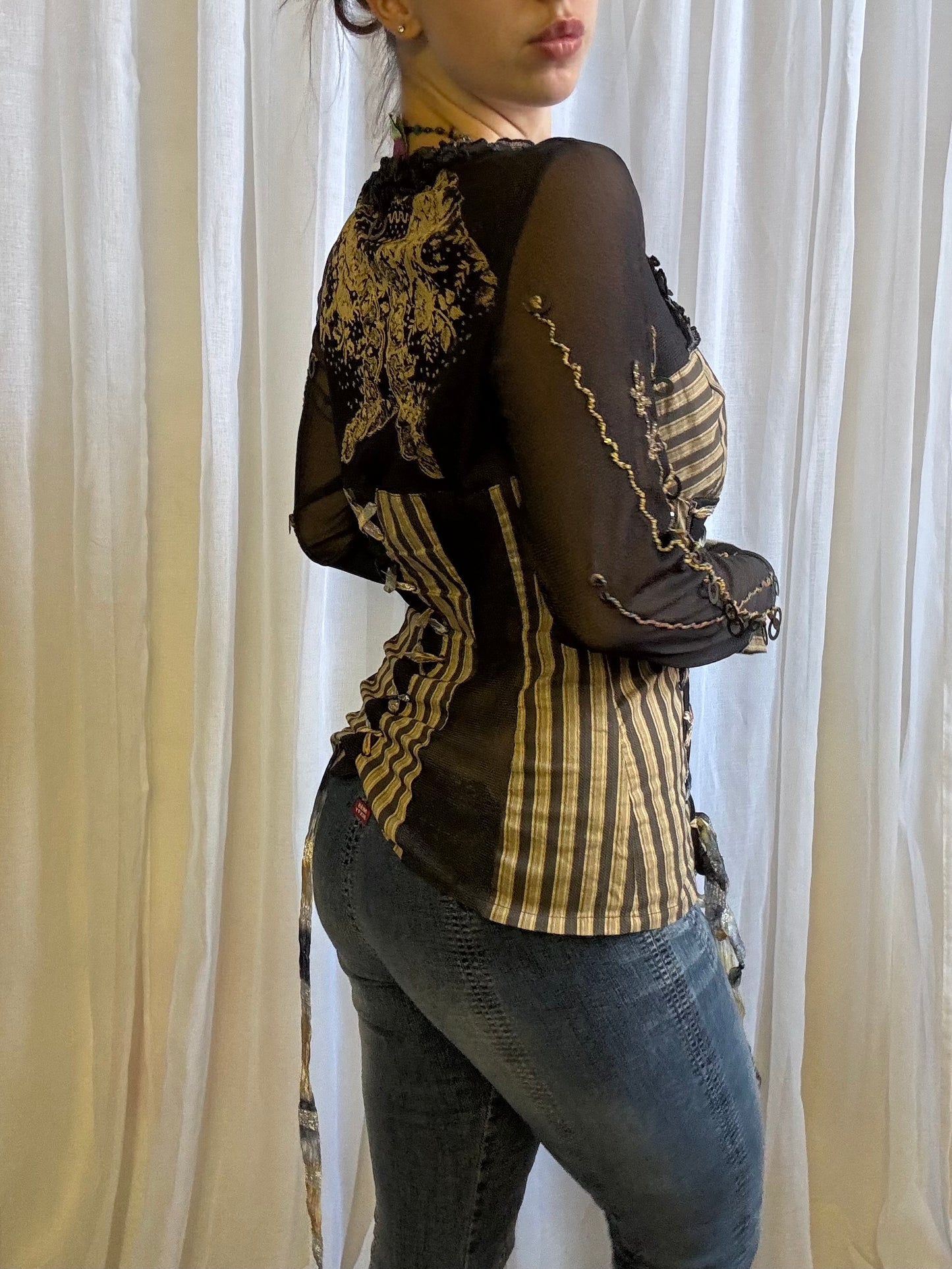 Save the Queen long sleeve shirt corset cream black size XL