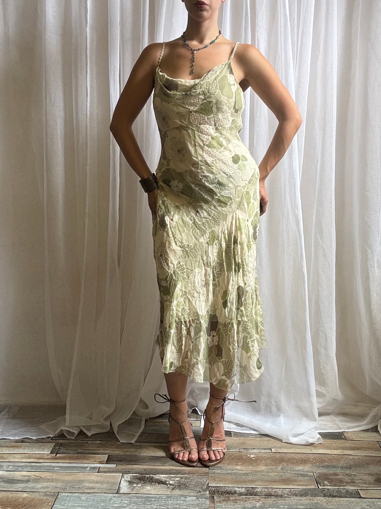 silk midi dress sage green cream floral cowl neckline beaded size 12
