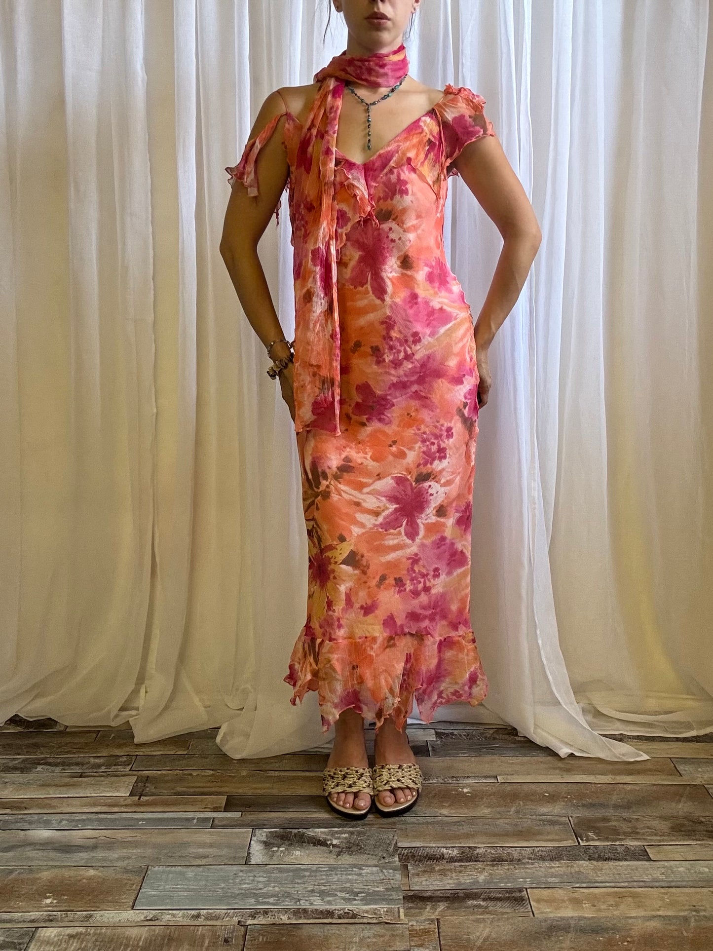 silk midi dress floral orange pink with scarf off shoulder size 12