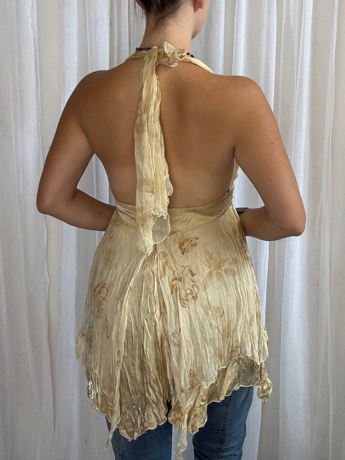 silk fairy cami asymmetric hem cream gold floral halter size 10