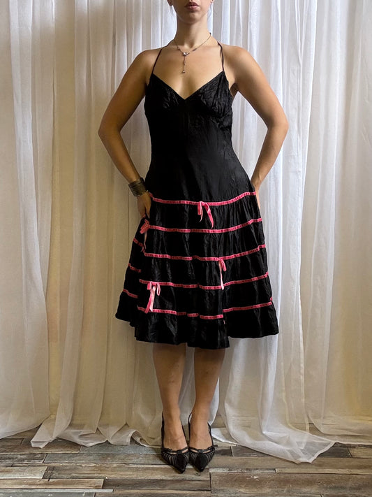 Betsey Johnson midi dress black pink bow size 12 - 14