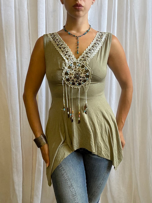asymmetric hem fairy cami green crochet beaded size 10
