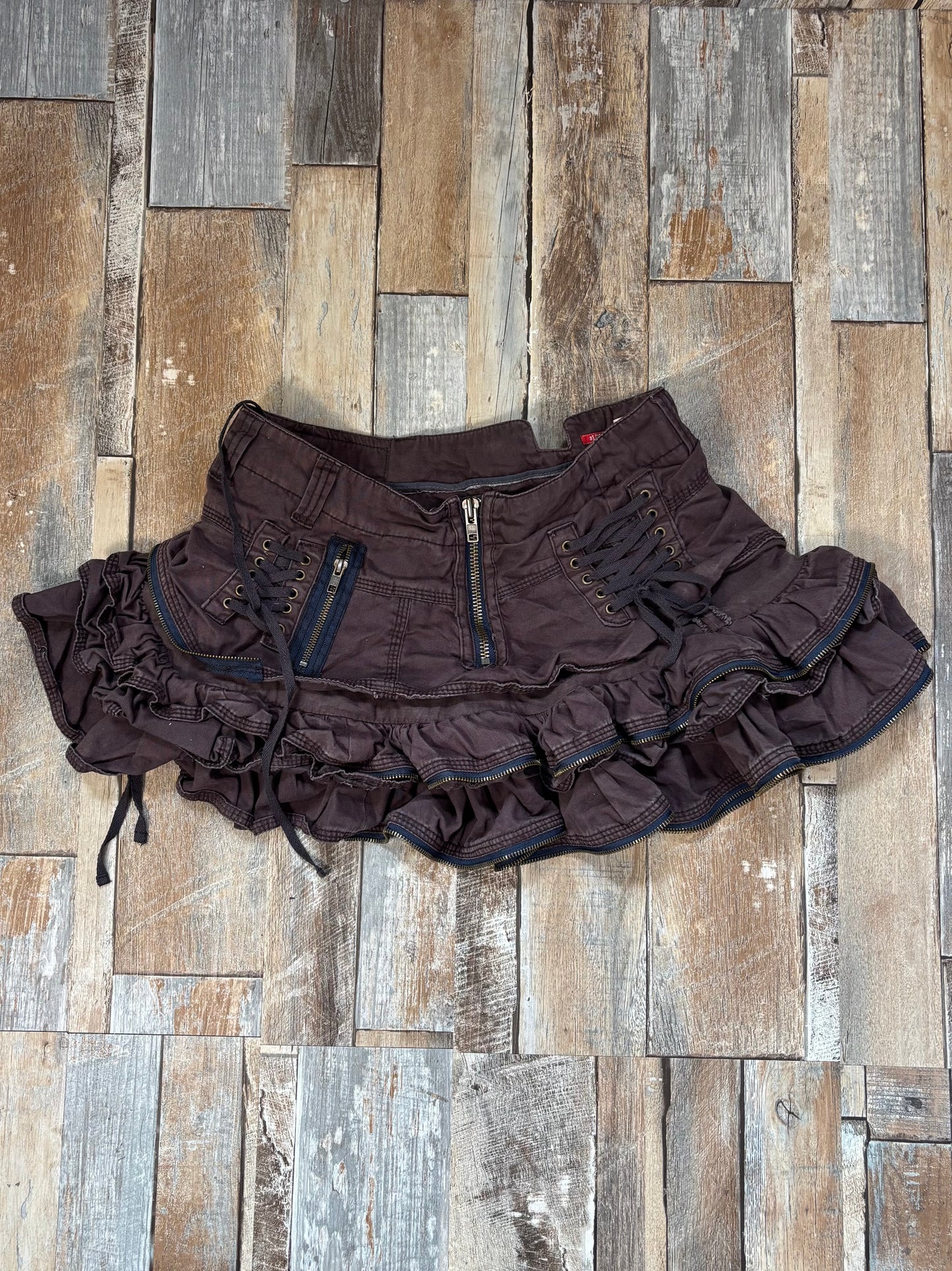 rare river island mini skirt brown ruffle hem corset lace up size 10