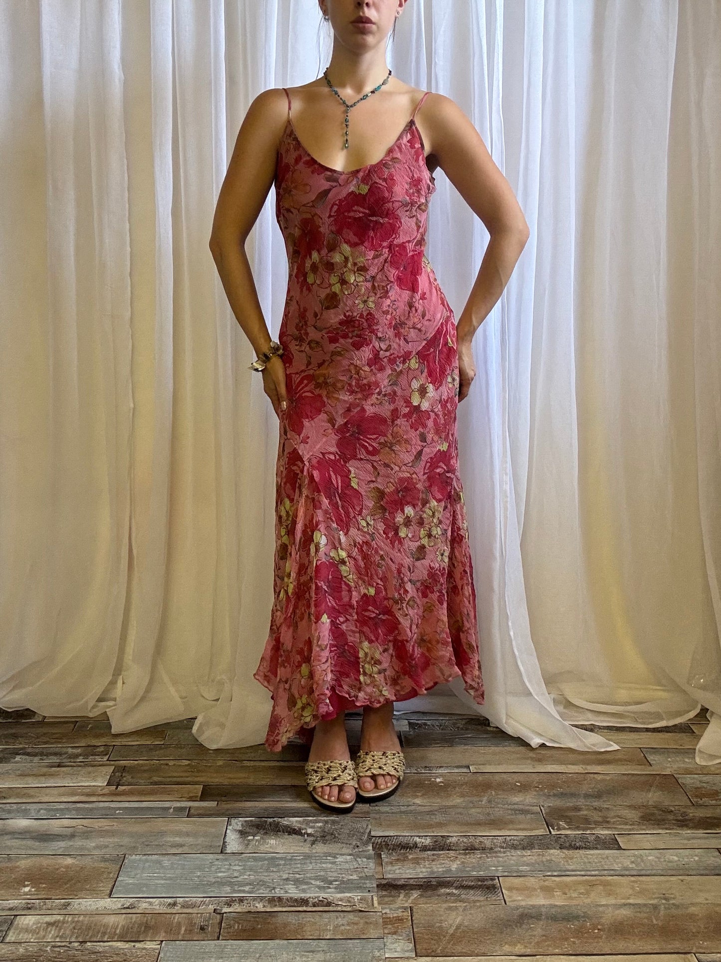 silk dress red pink floral fairy hem size 12 - 14