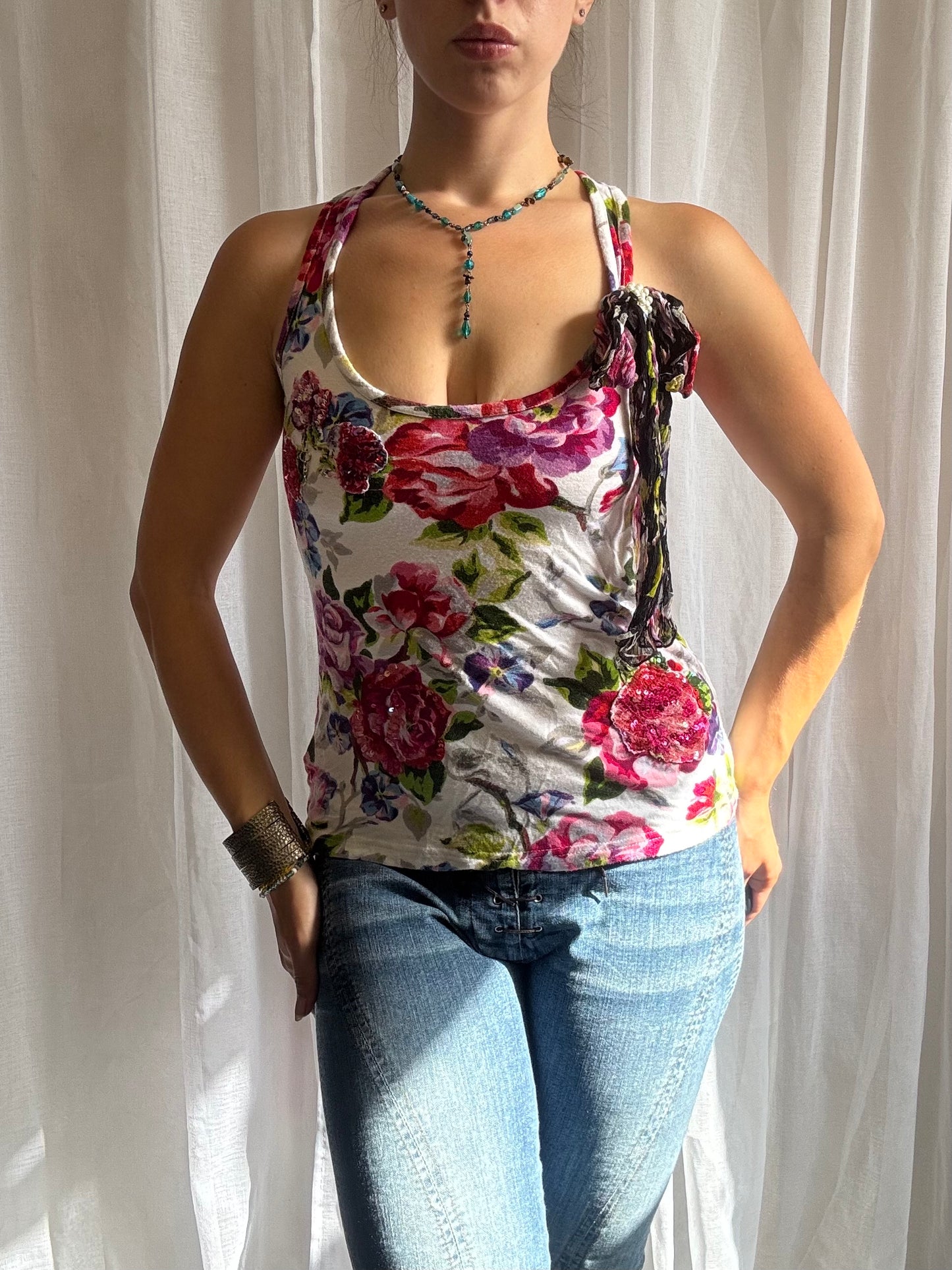 Derhy cami top white pink floral sequin detailing size S