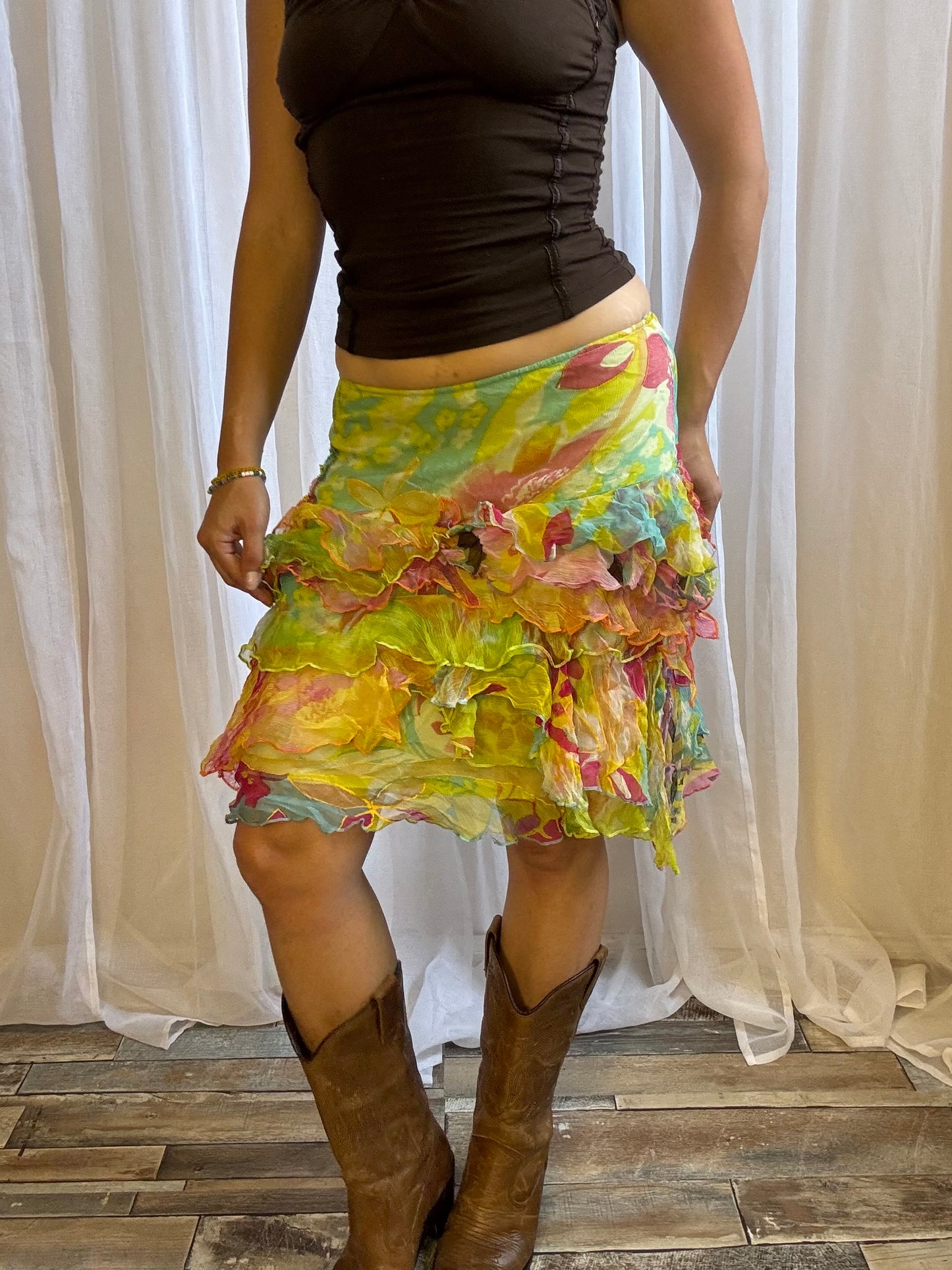 NEW Derhy midi skirt green floral tiered size S
