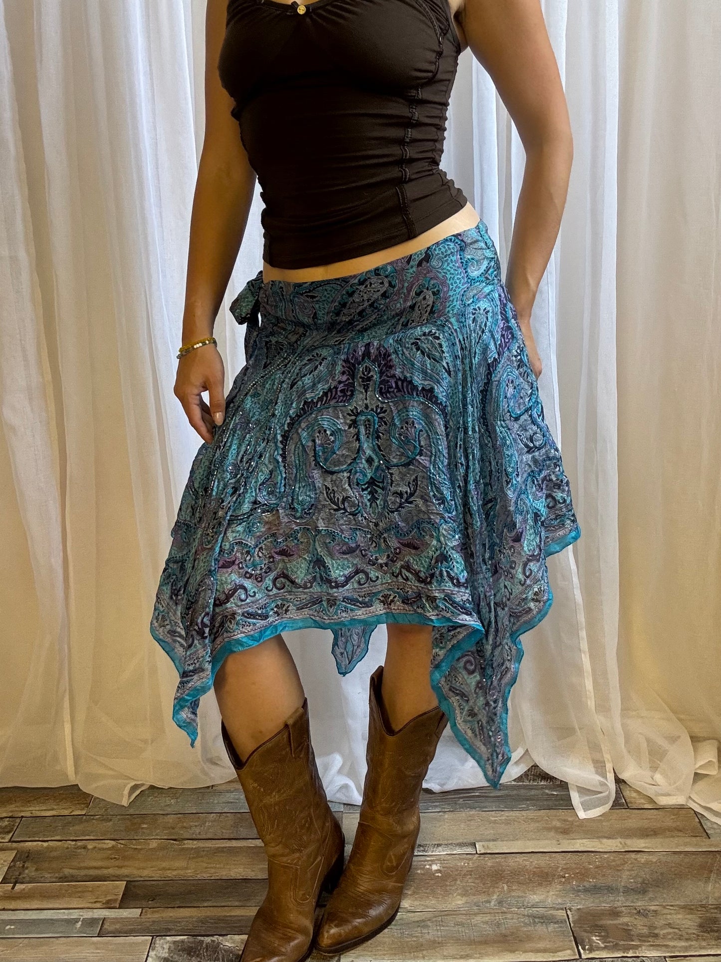 silk midi skirt hanky hem beaded tie side blue paisley size 10
