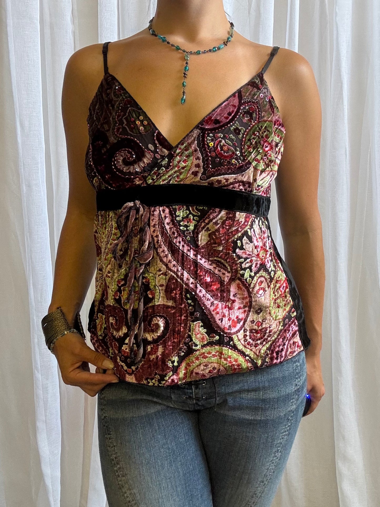 velvet cami top black pink paisley pattern size L