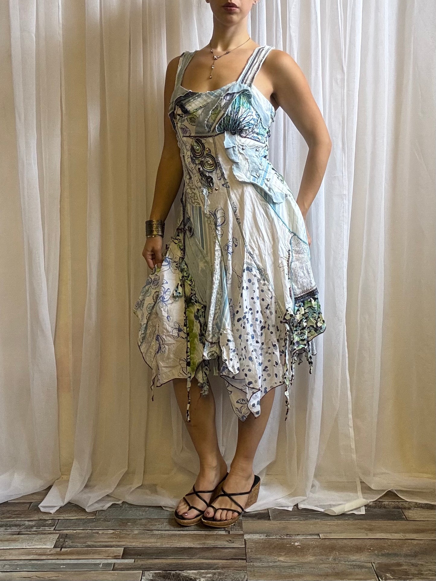 Juju & Christine midi dress asymmetric fairy hem white blue size M