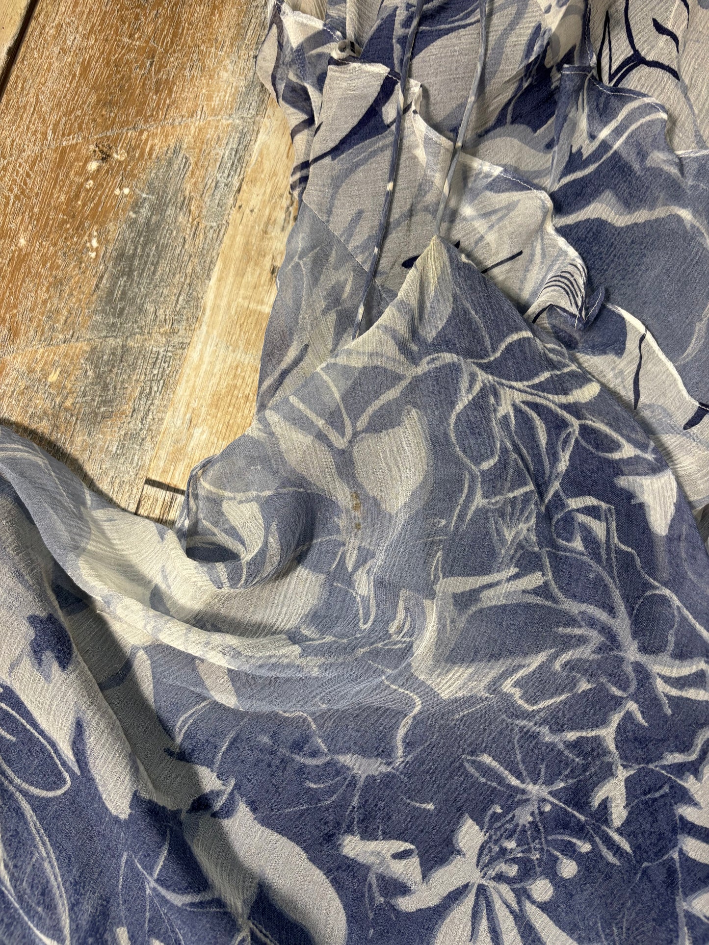 silk midi dress blue white floral cowl neckline asymmetric hem size 12