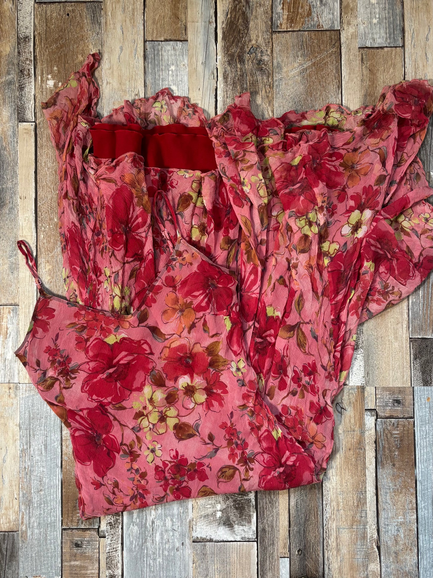 silk dress red pink floral fairy hem size 12 - 14